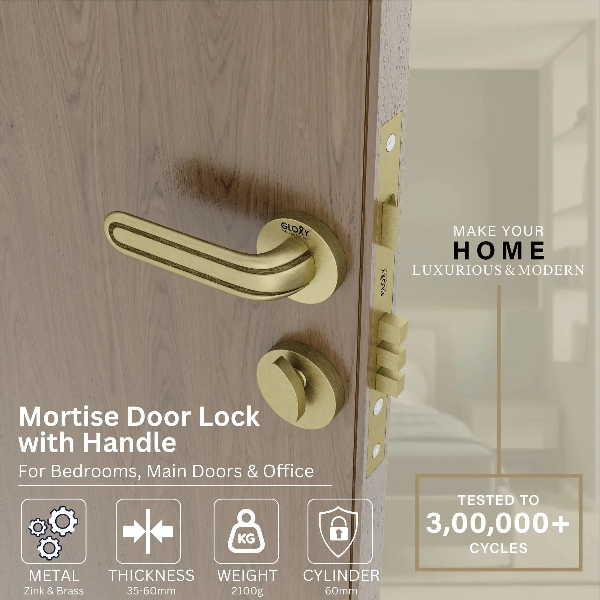 Gloxy Tavin Series Antique Finish Mortise Main Door key Lock With Handle