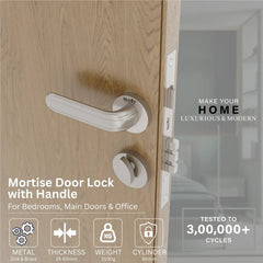 Mortise Door Handles Main Door Lock Handles Set with 3 Keys for Safety of Home | Bedroom, Office, Hotel, Home(Satin Chrome)-by GLOXY®