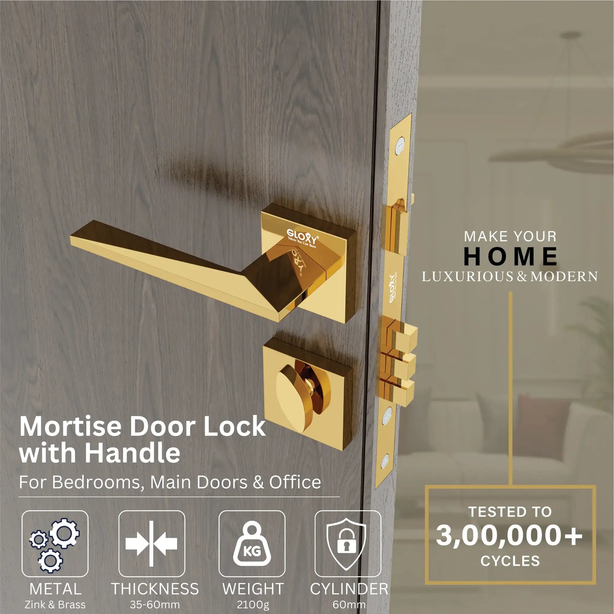 Gloxy Ralor Series Gold Finish Mortise Main Door key Lock With Handle