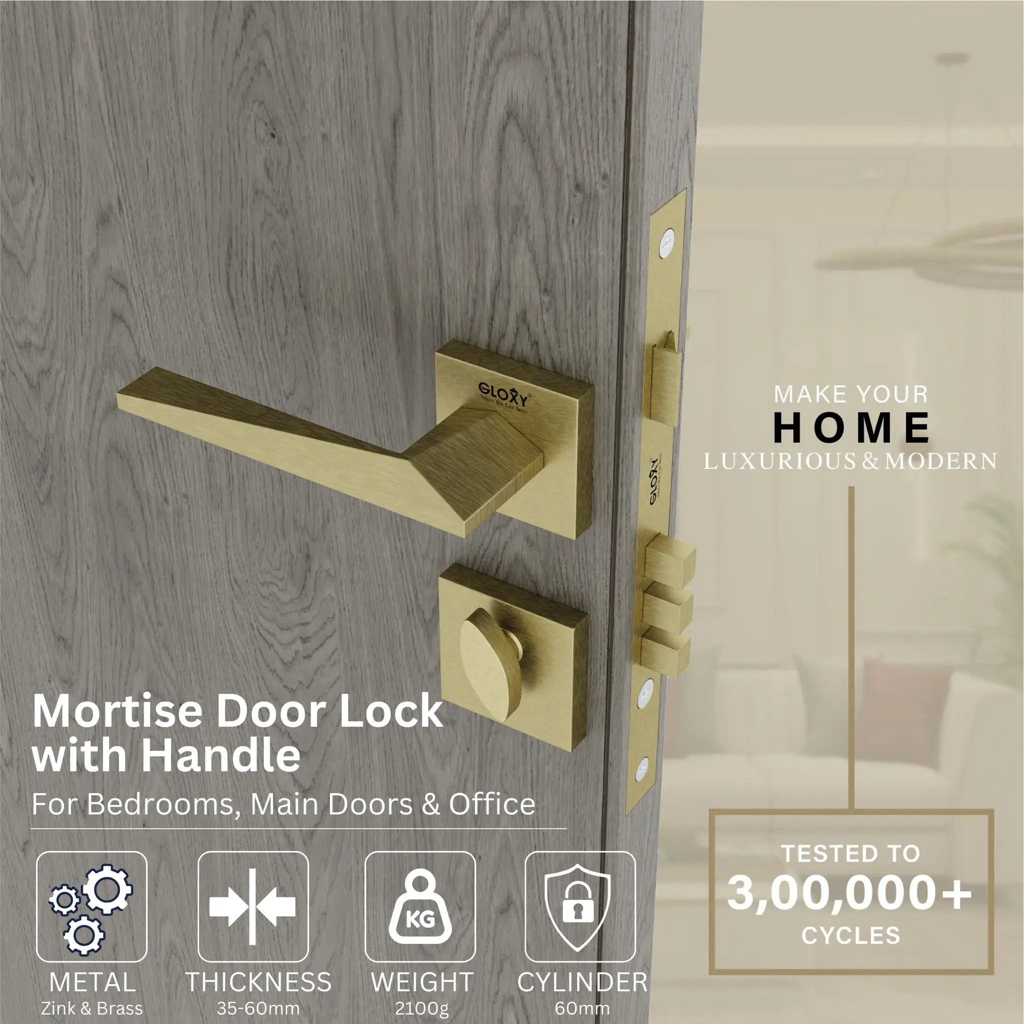 Mortise Door Handles Main Door Lock Handles Set with 3 Keys for Safety of Home | Bedroom, Office, Hotel, Home(Antique)-by GLOXY®