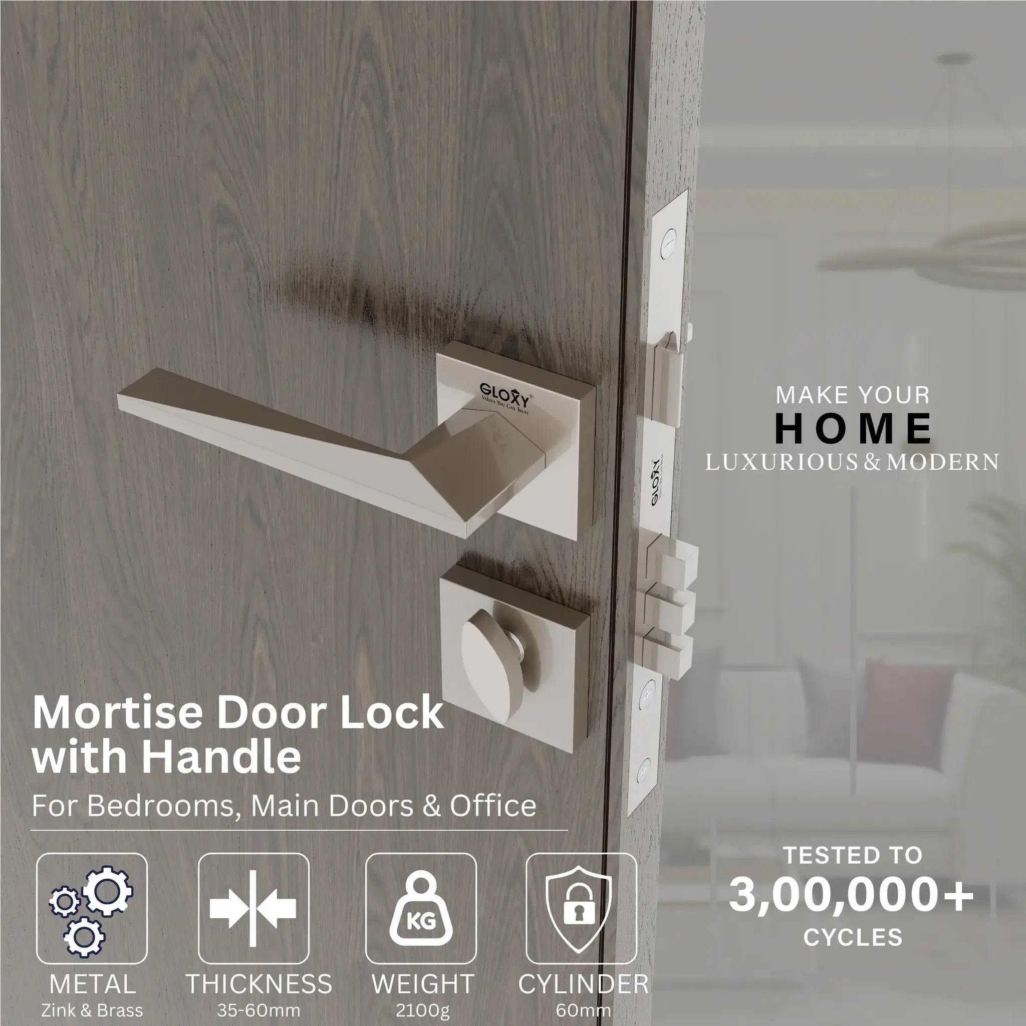 Mortise Door Handles Main Door Lock Handles Set with 3 Keys for Safety of Home | Bedroom, Office, Hotel, Home(Satin Chrome)-by GLOXY®