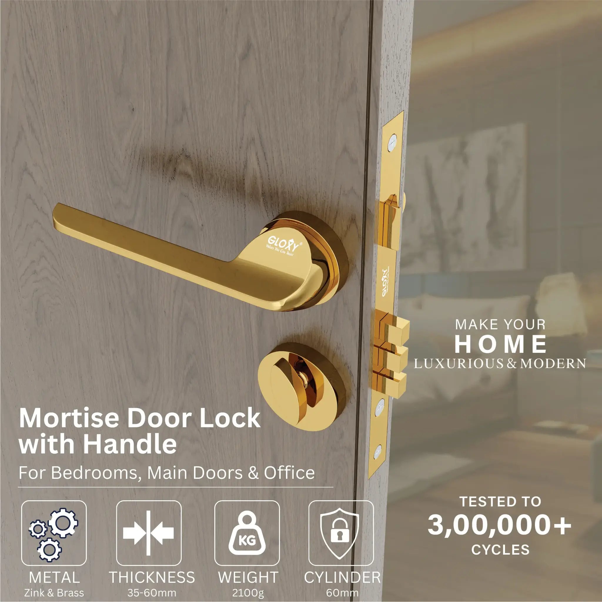 Gloxy Garnik Series Gold Finish Mortise Main Door key Lock With Handle