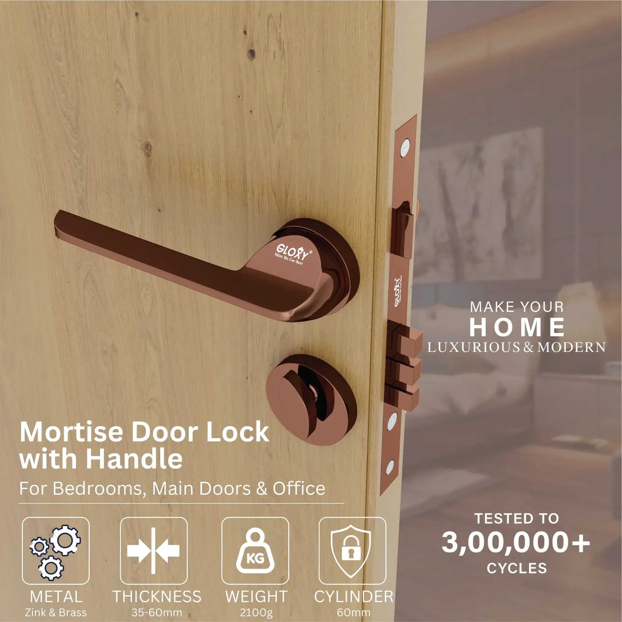 Gloxy Garnik Series Rose Gold Finish Mortise Main Door key Lock With Handle