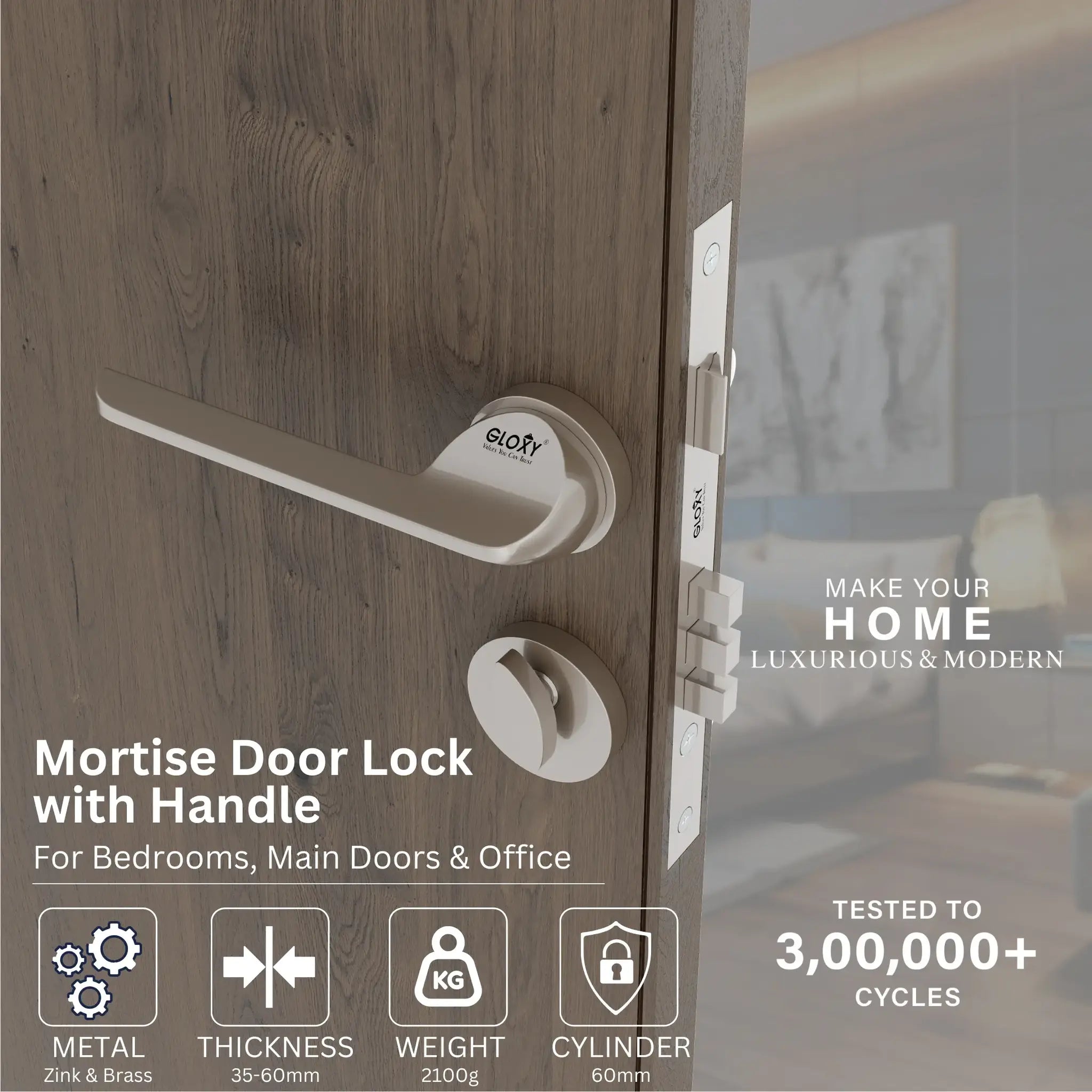 Gloxy Garnik Series Satin Chrome Finish Mortise Main Door key Lock With Handle