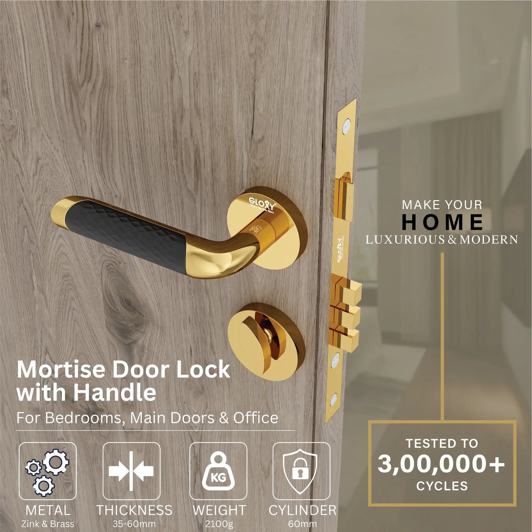 Mortise Door Handles Main Door Lock Handles Set with 3 Keys for Safety of Home | Bedroom, Office, Hotel, Home(Gold)-by GLOXY®
