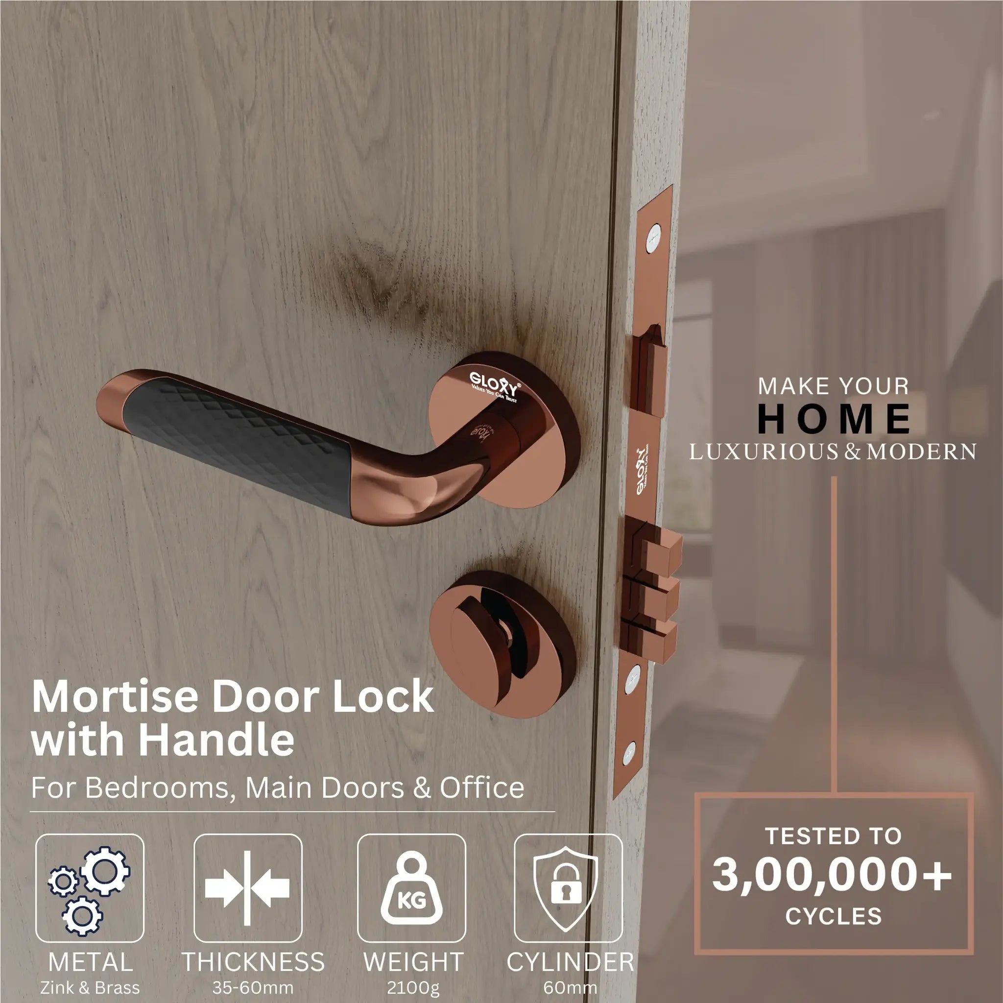 Gloxy Velto Series Rose Gold Finish Mortise Main Door key Lock With Handle