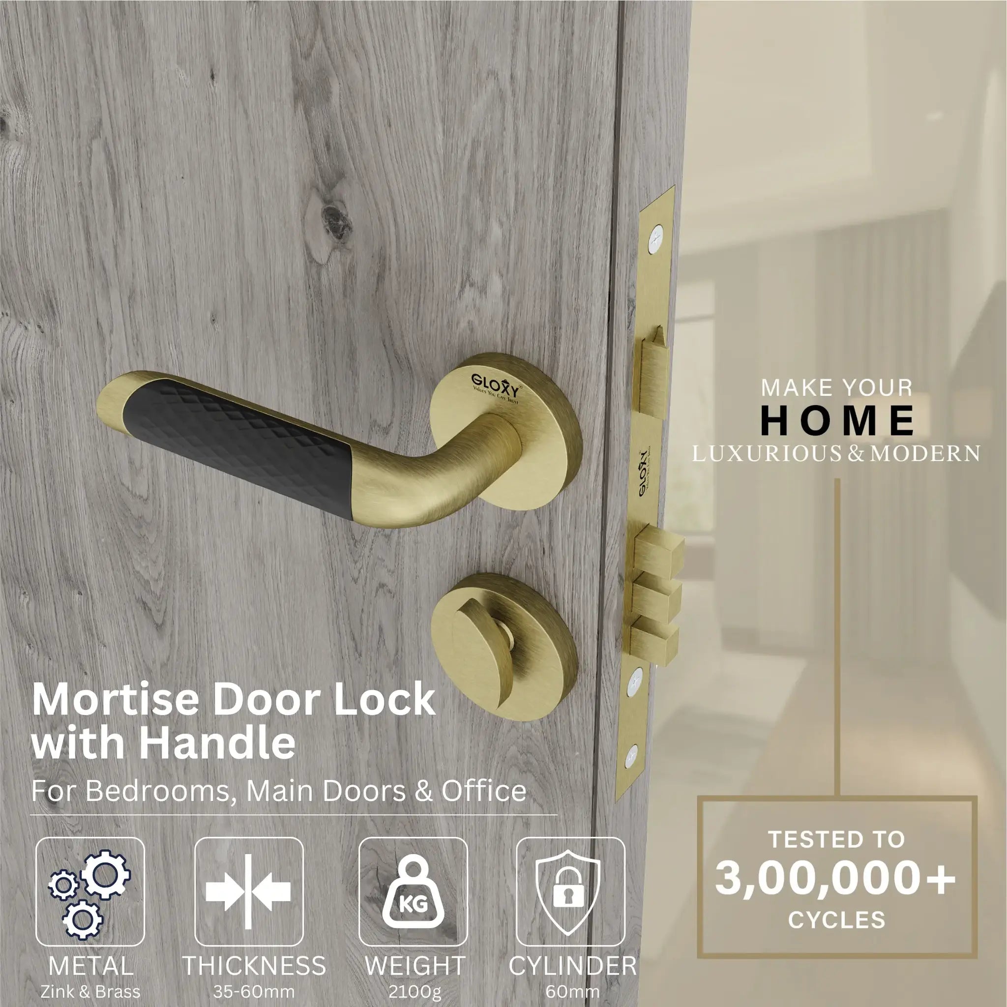 Gloxy Velto Series Antique Finish Mortise Main Door key Lock With Handle