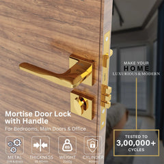 Premium Mortise Door Locks Handle Set with Brass Lock Body for Home, Office, Hotel(Gold) -by GLOXY®
