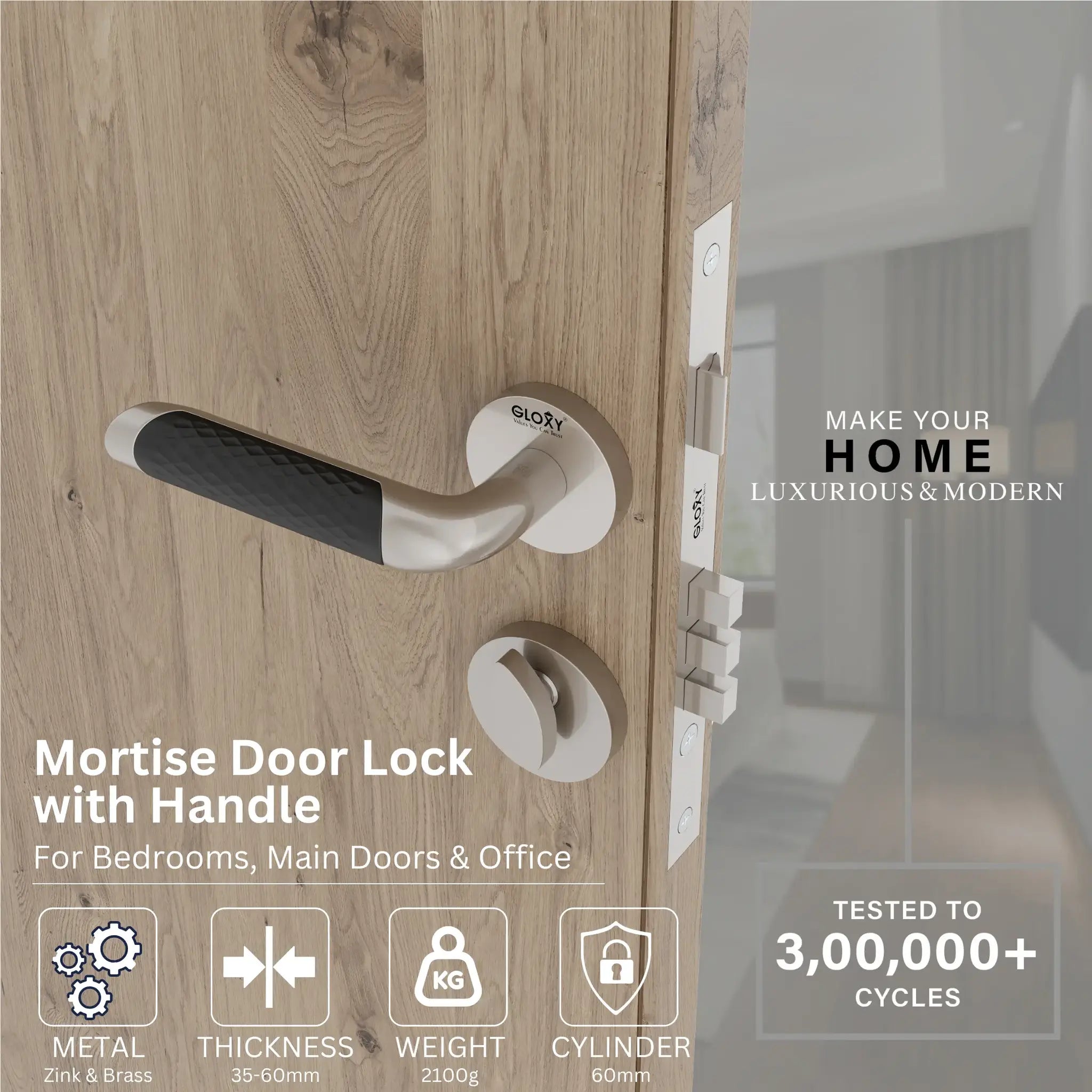 Gloxy Velto Series Satin Chrome Finish Mortise Main Door key Lock With Handle
