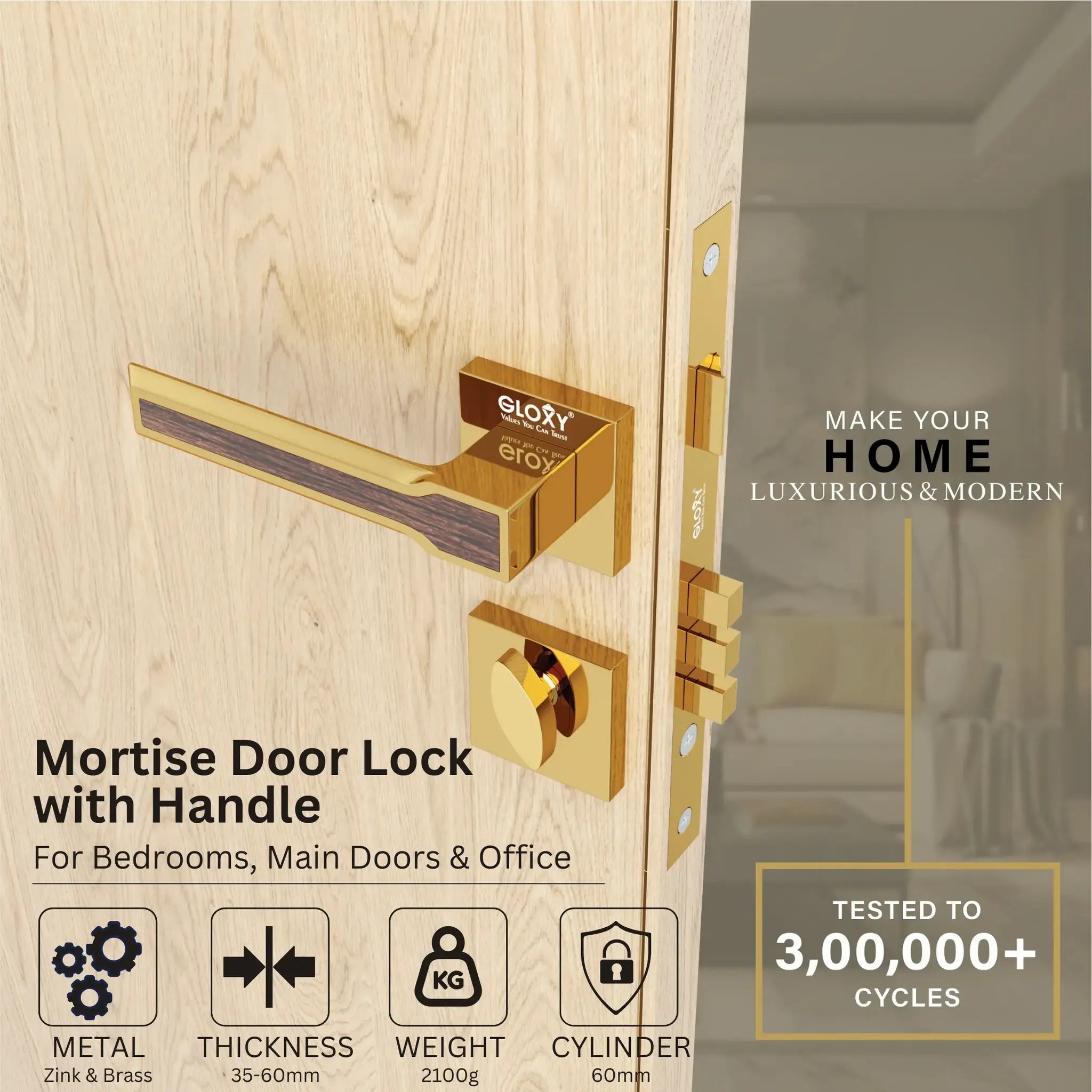 Mortise Door Handles Main Door Lock Handles Set with 3 Keys for Safety of Home | Bedroom, Office, Hotel, Home(Gold)-by GLOXY®