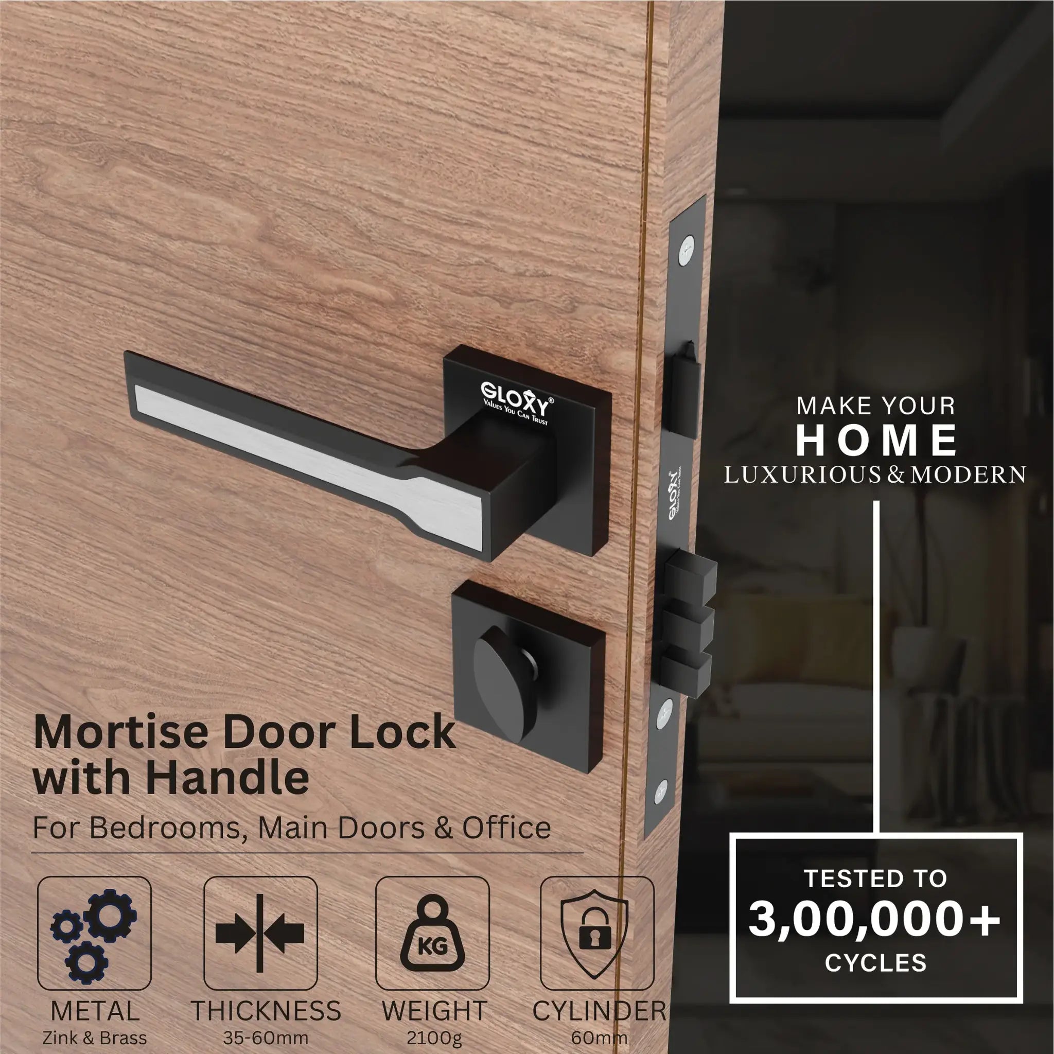 Gloxy Torin Series Black Finish Mortise Main Door key Lock With Handle