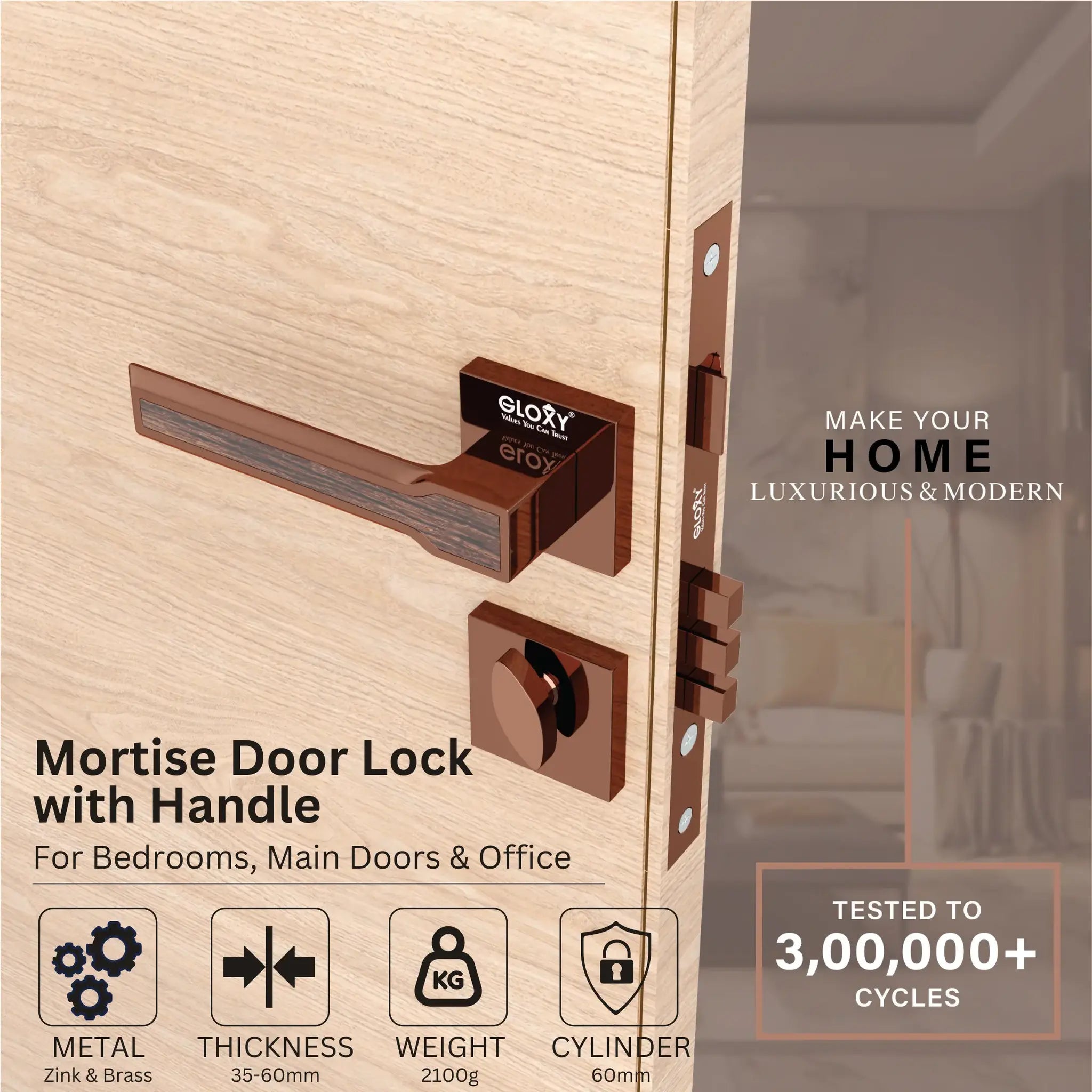 Mortise Door Handles Main Door Lock Handles Set with 3 Keys for Safety of Home | Bedroom, Office, Hotel, Home(Rose Gold)-by GLOXY®
