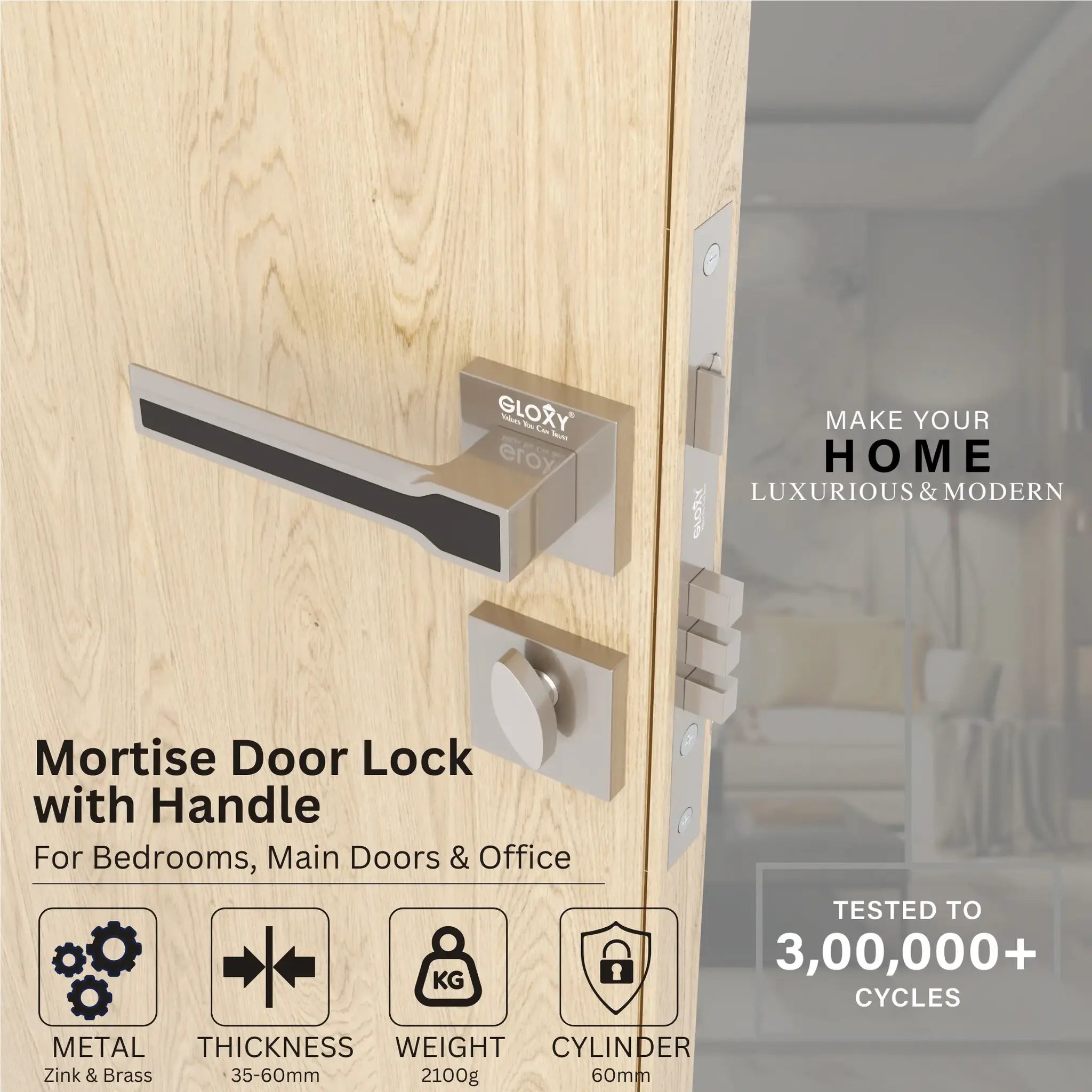 Mortise Door Handles Main Door Lock Handles Set with 3 Keys for Safety of Home | Bedroom, Office, Hotel, Home(Satin Chrome)-by GLOXY®