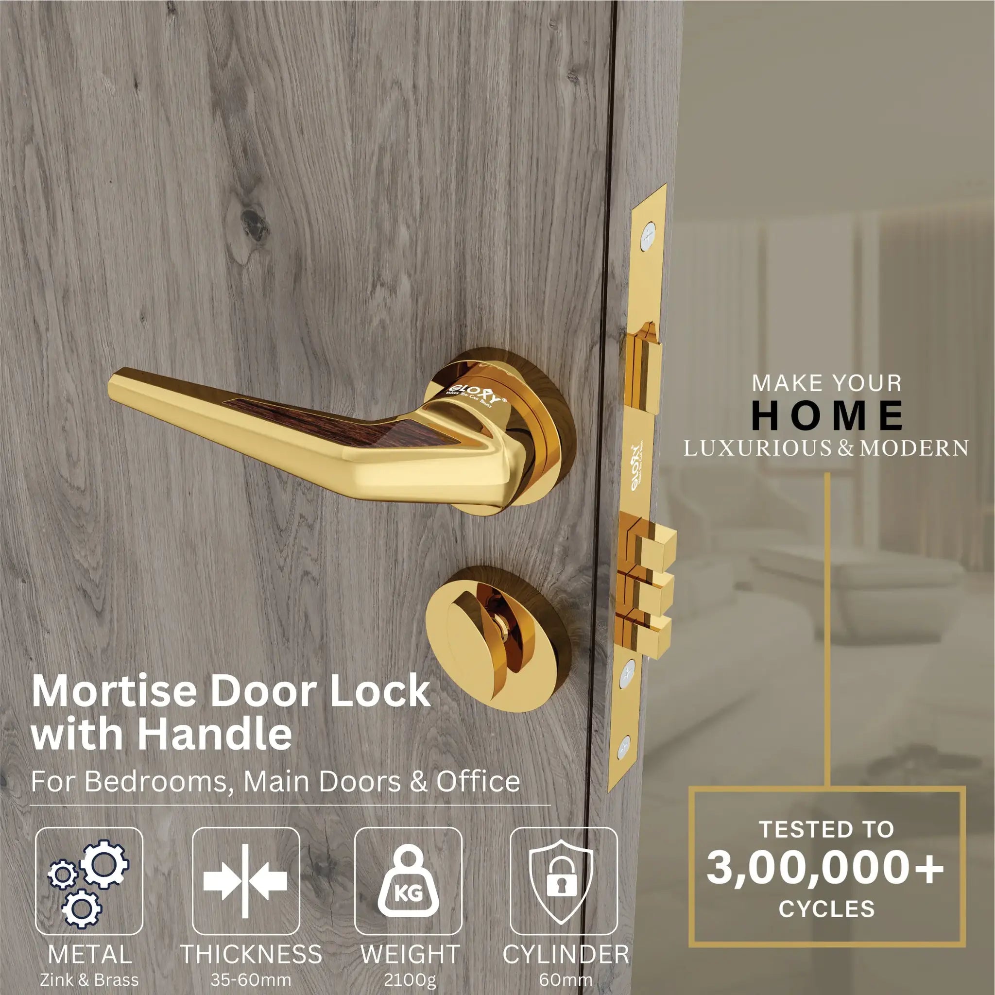 Gloxy Navior Series Gold Finish Mortise Main Door key Lock With Handle