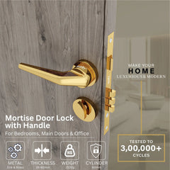Mortise Door Handles Main Door Lock Handles Set with 3 Keys for Safety of Home | Bedroom, Office, Hotel, Home(Gold)-by GLOXY®