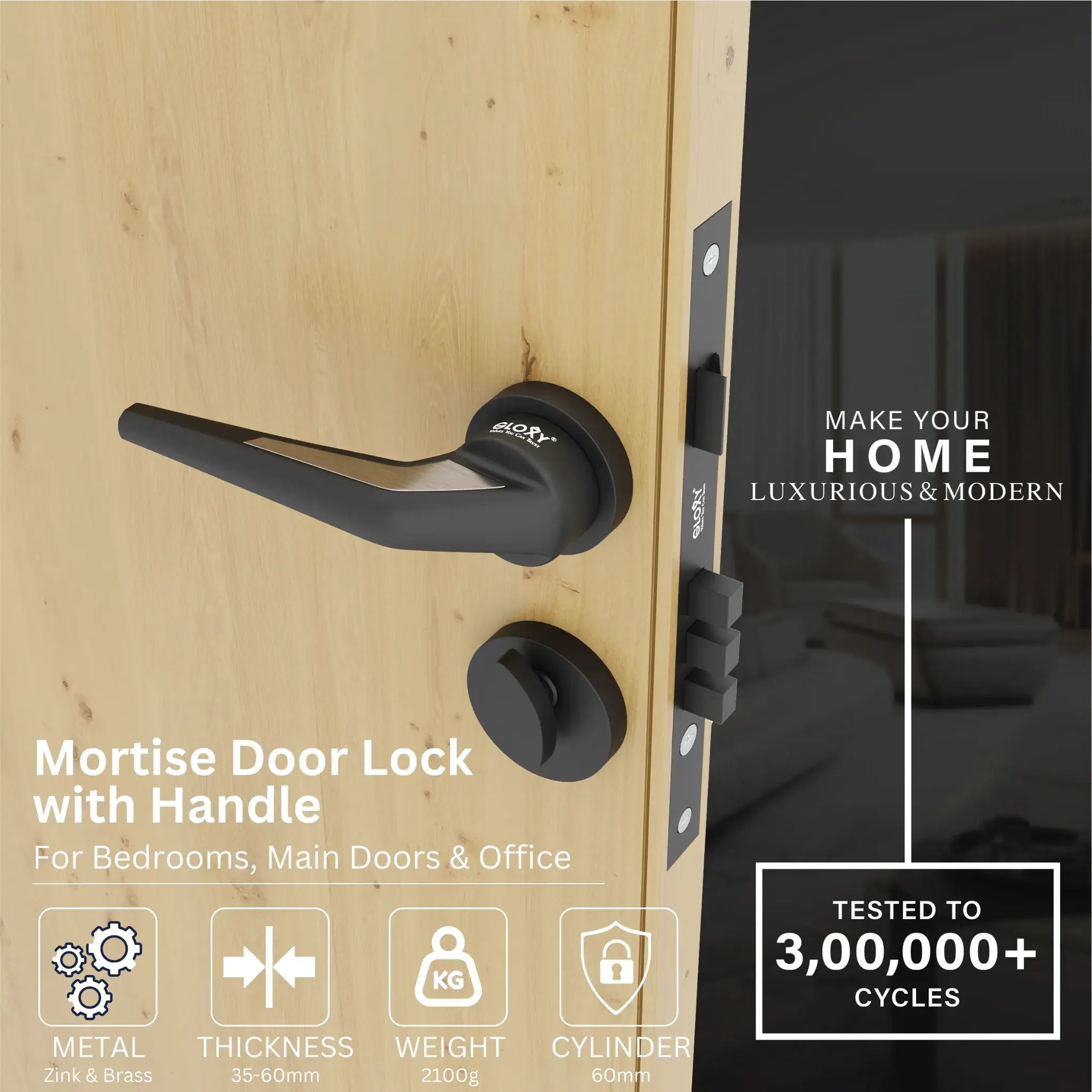 Gloxy Navior Series Black Finish Mortise Main Door key Lock With Handle