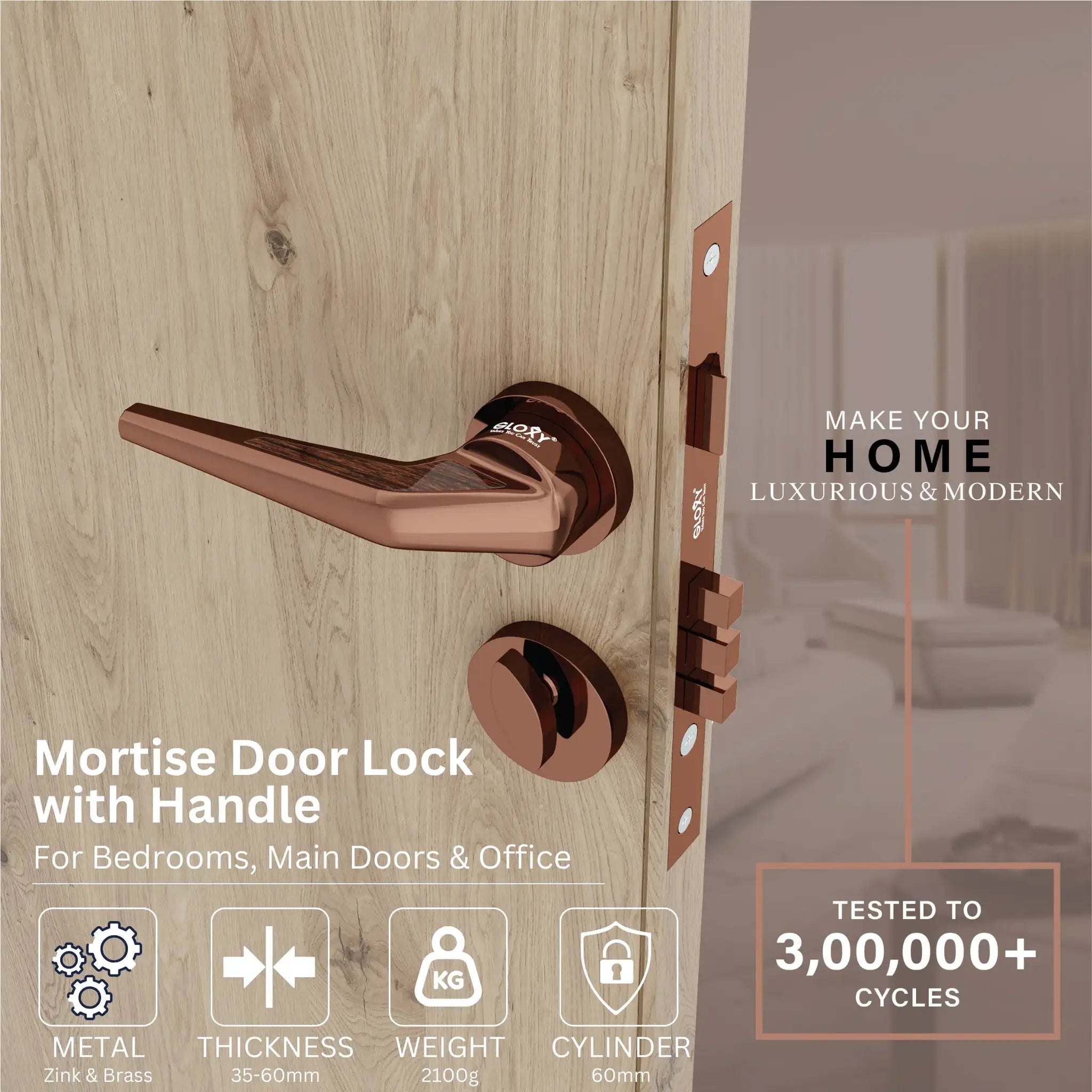 Mortise Door Handles Main Door Lock Handles Set with 3 Keys for Safety of Home | Bedroom, Office, Hotel, Home(Rose Gold)-by GLOXY®
