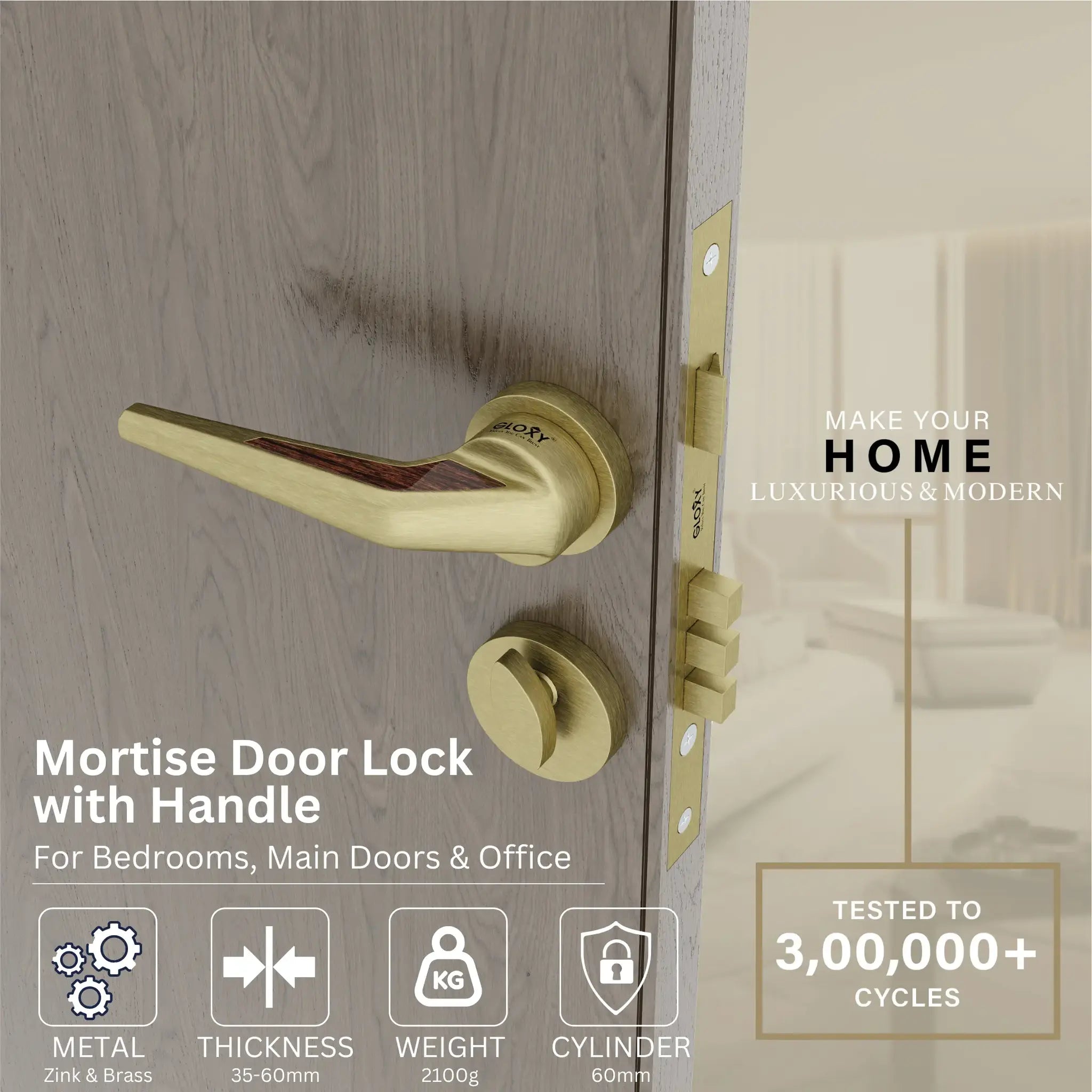 Mortise Door Handles Main Door Lock Handles Set with 3 Keys for Safety of Home | Bedroom, Office, Hotel, Home(Antique)-by GLOXY®