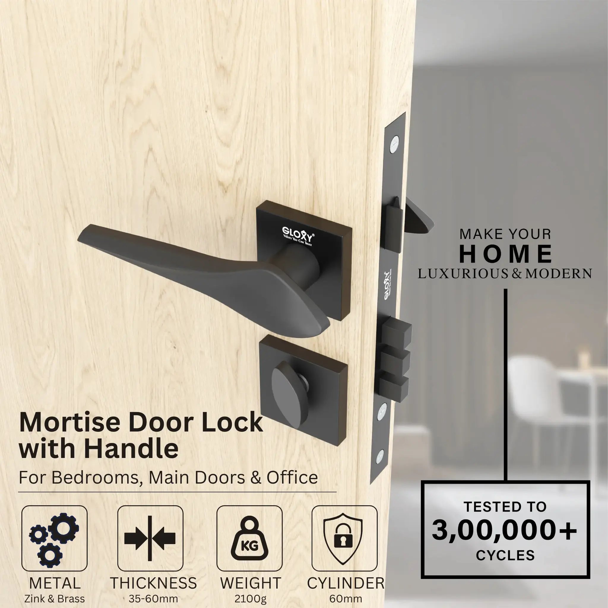 Mortise Locks Main Door Lock Handles Set with 3 Brass Key for Home, Office, Hotel(Black)-by GLOXY®