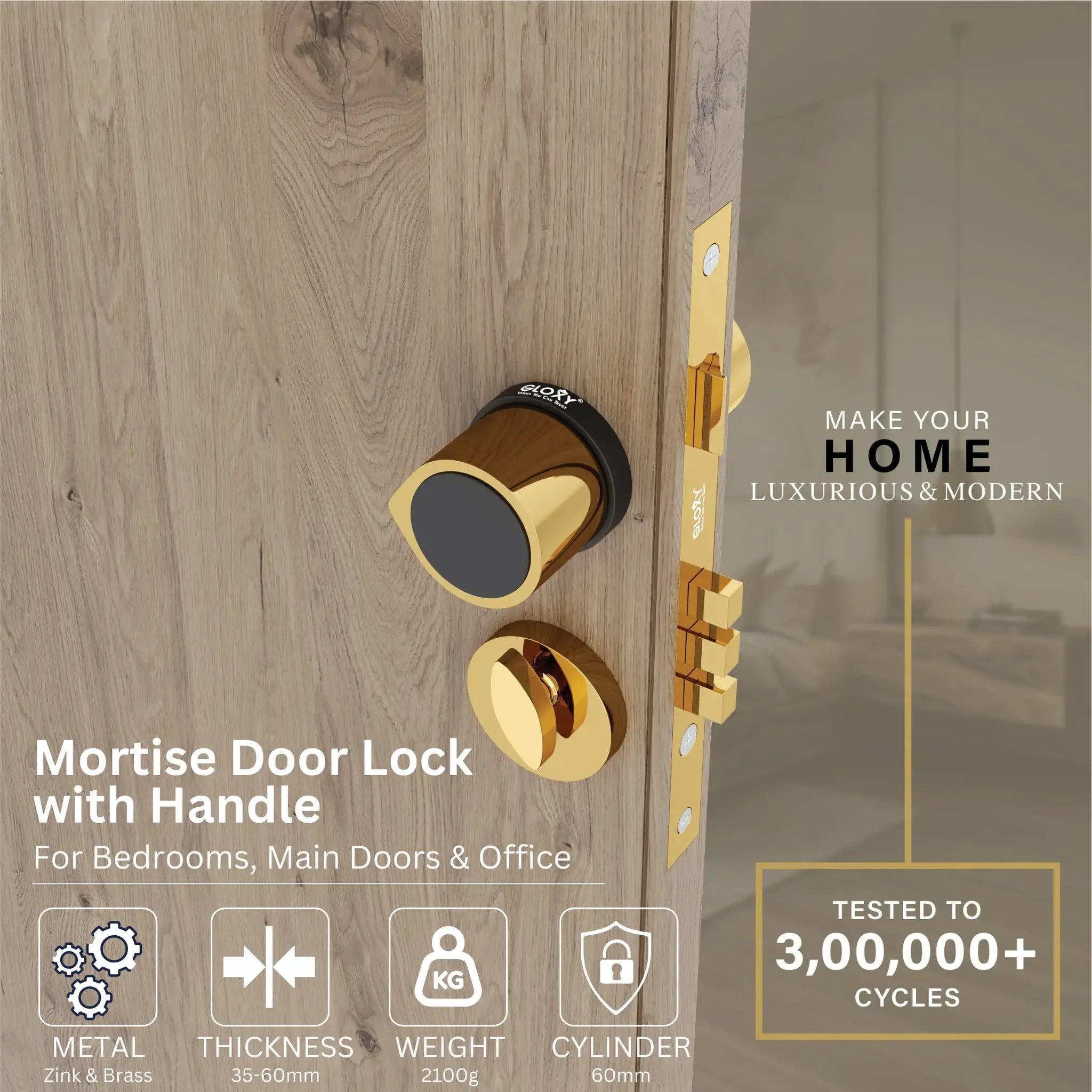 Gloxy Zayno Series Gold Finish Mortise Main Door key Lock With Round Handle