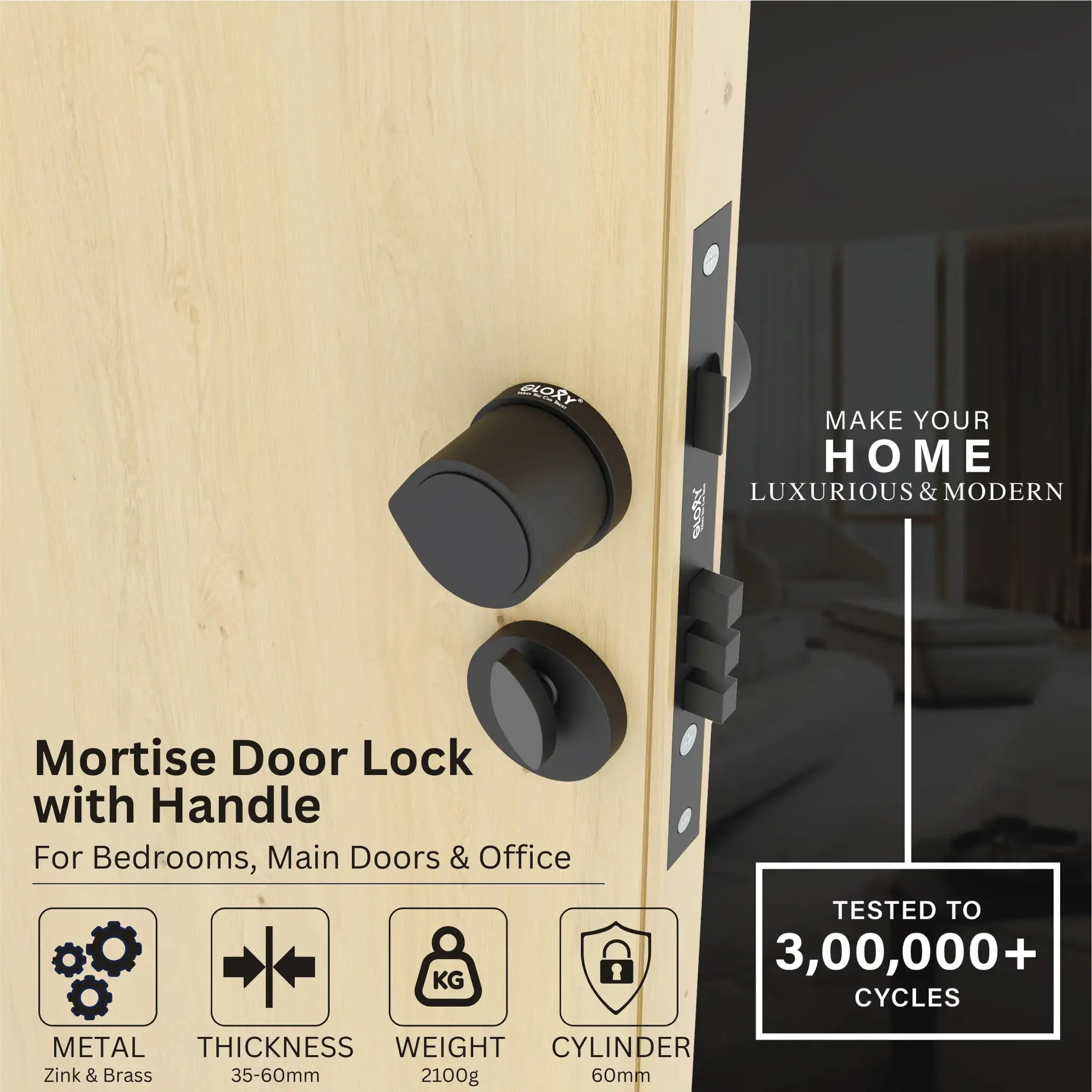 Mortise Door Handles Main Door Lock Handles Set with 3 Keys for Safety of Home | Bedroom, Office, Hotel, Home(Black)-by GLOXY®