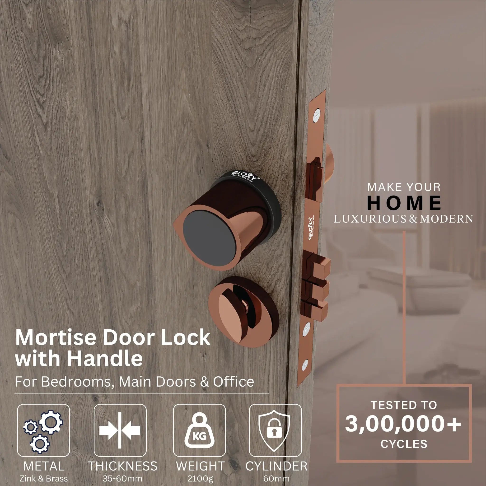Mortise Door Handles Main Door Lock Handles Set with 3 Keys for Safety of Home | Bedroom, Office, Hotel, Home(Rose Gold)-by GLOXY®