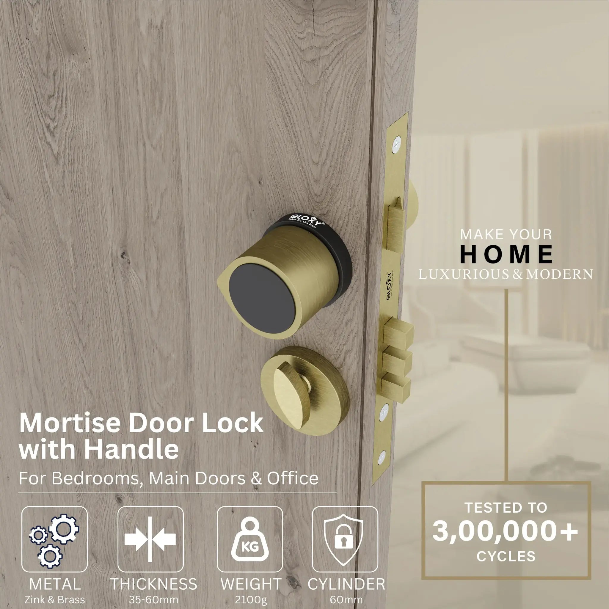 Mortise Door Handles Main Door Lock Handles Set with 3 Keys for Safety of Home | Bedroom, Office, Hotel, Home(Antique)-by GLOXY®