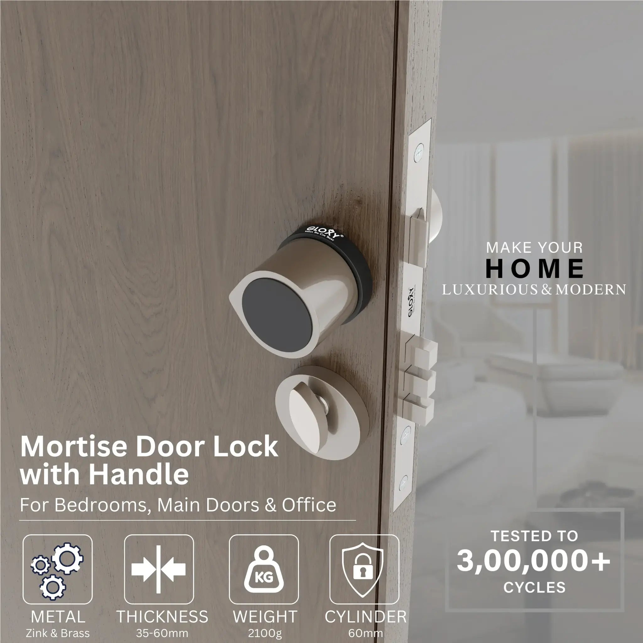 Mortise Door Handles Main Door Lock Handles Set with 3 Keys for Safety of Home | Bedroom, Office, Hotel, Home(Satin Chrome)-by GLOXY®