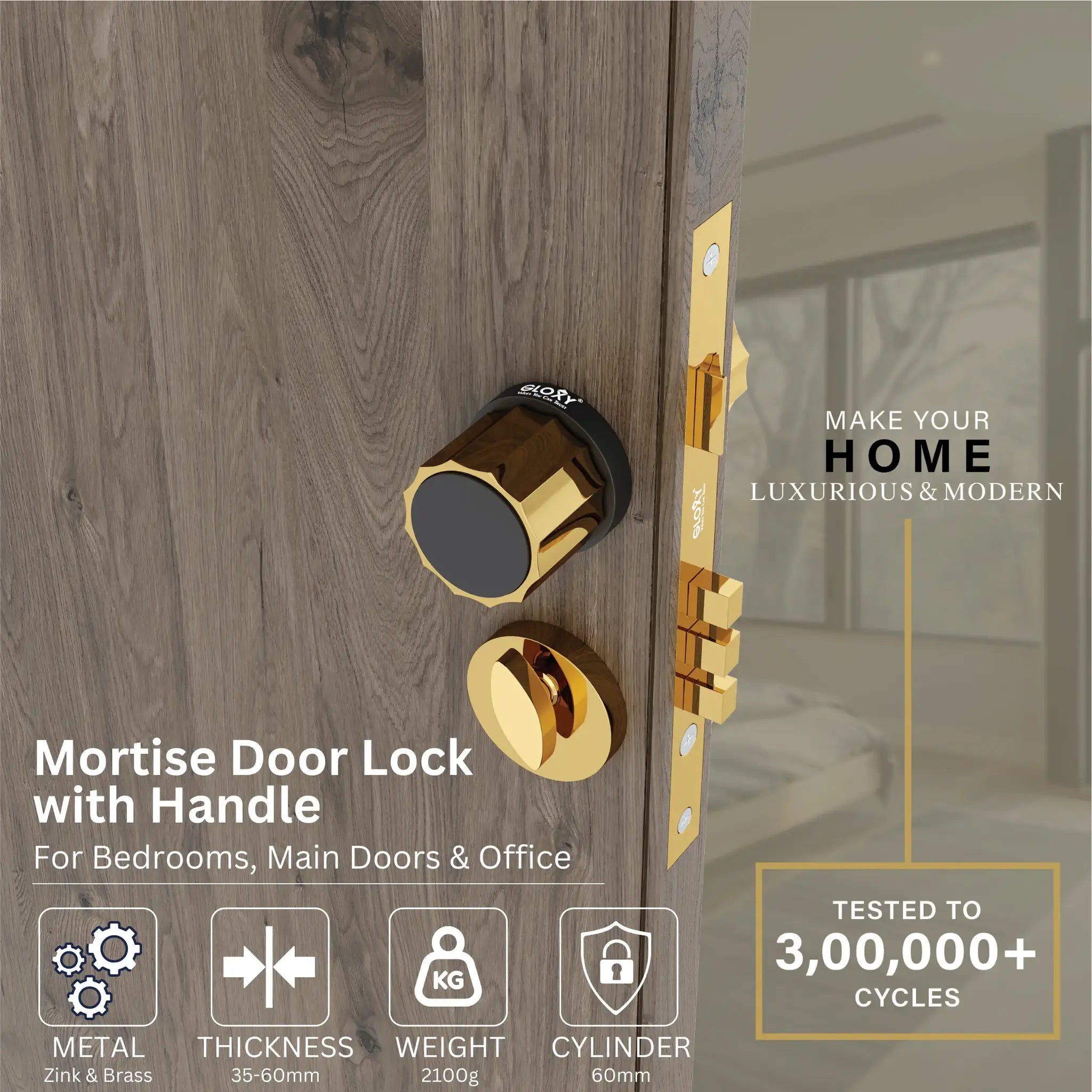 Mortise Door Handles Main Door Lock Handles Set with 3 Keys for Safety of Home | Bedroom, Office, Hotel, Home(Gold)-by GLOXY®
