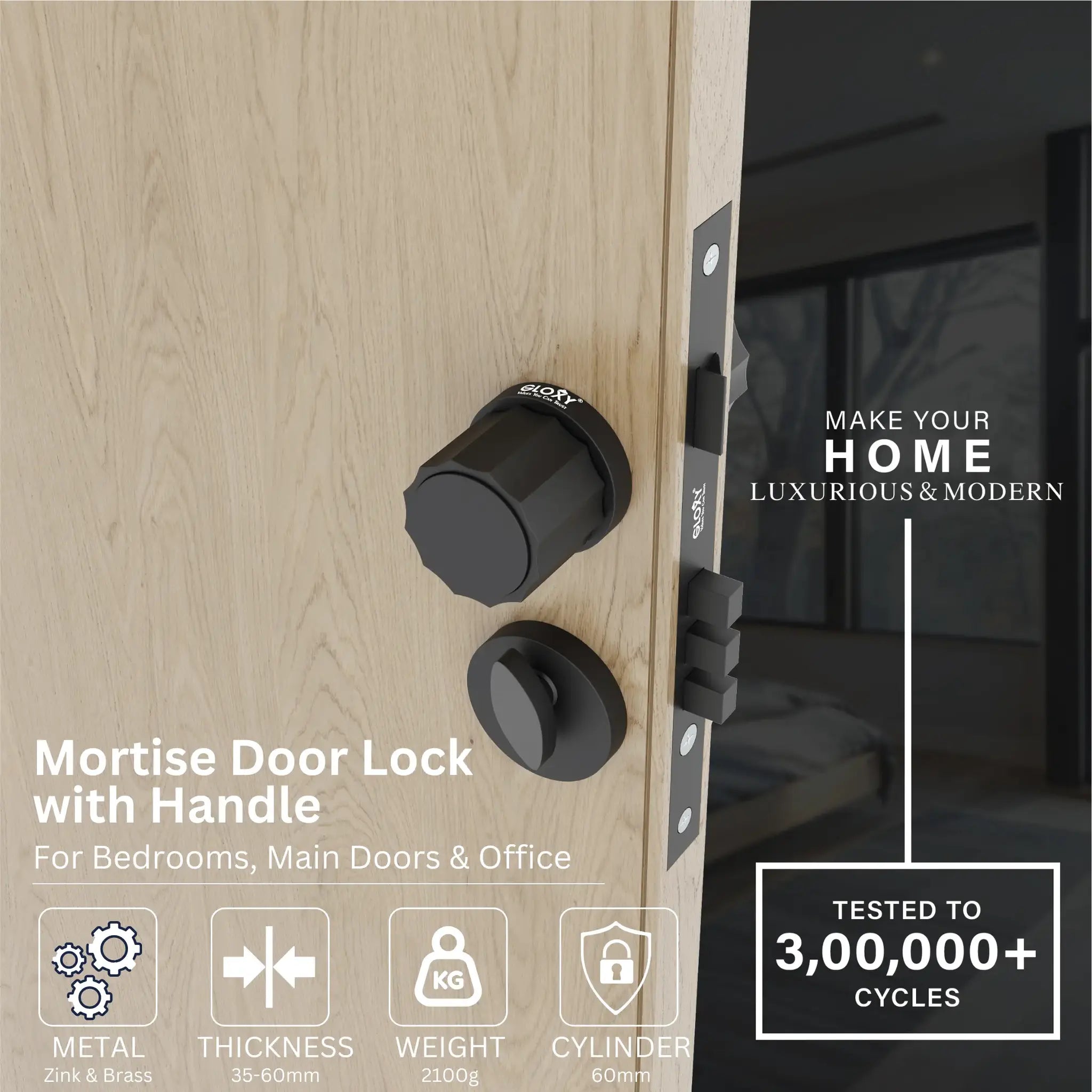 Mortise Door Handles Main Door Lock Handles Set with 3 Keys for Safety of Home | Bedroom, Office, Hotel, Home(Black)-by GLOXY®