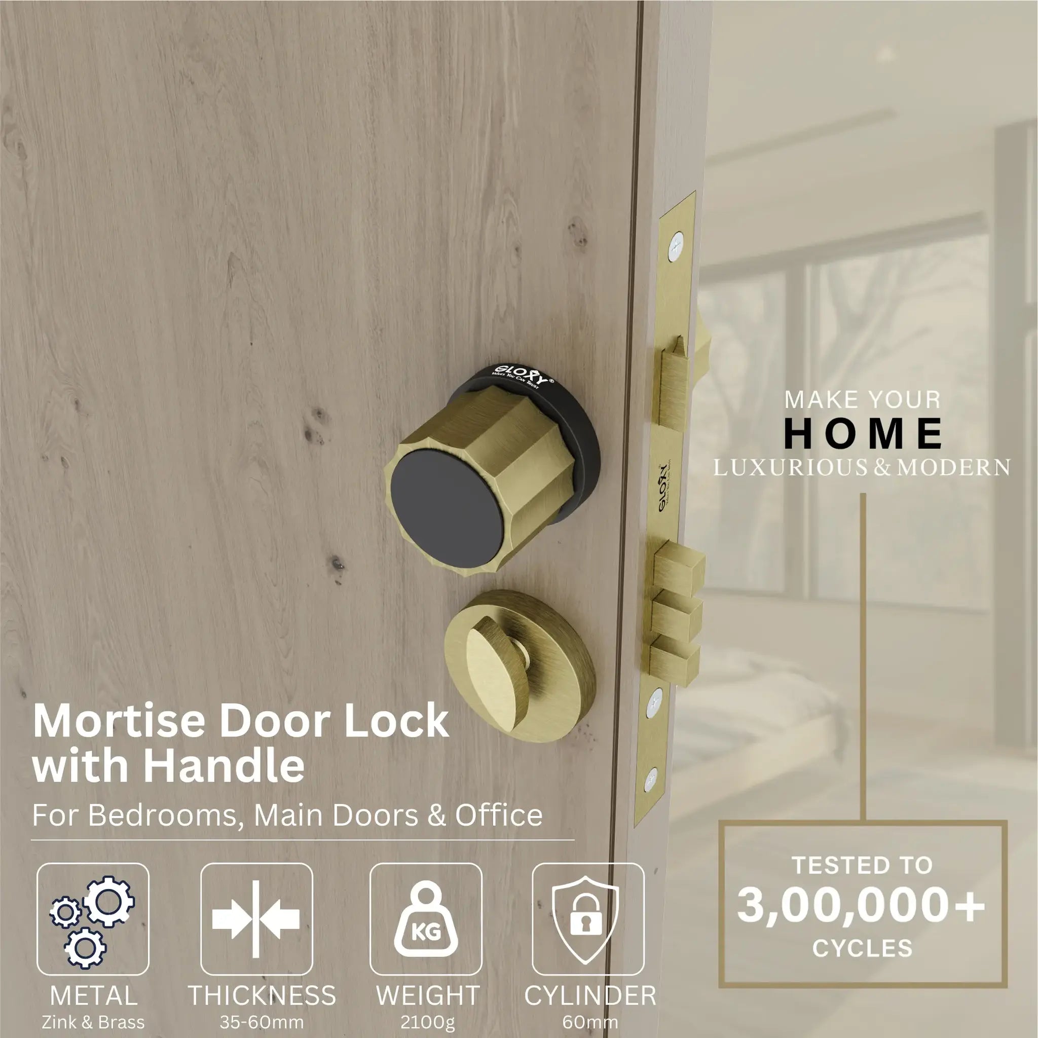 Mortise Door Handles Main Door Lock Handles Set with 3 Keys for Safety of Home | Bedroom, Office, Hotel, Home(Antique)-by GLOXY®