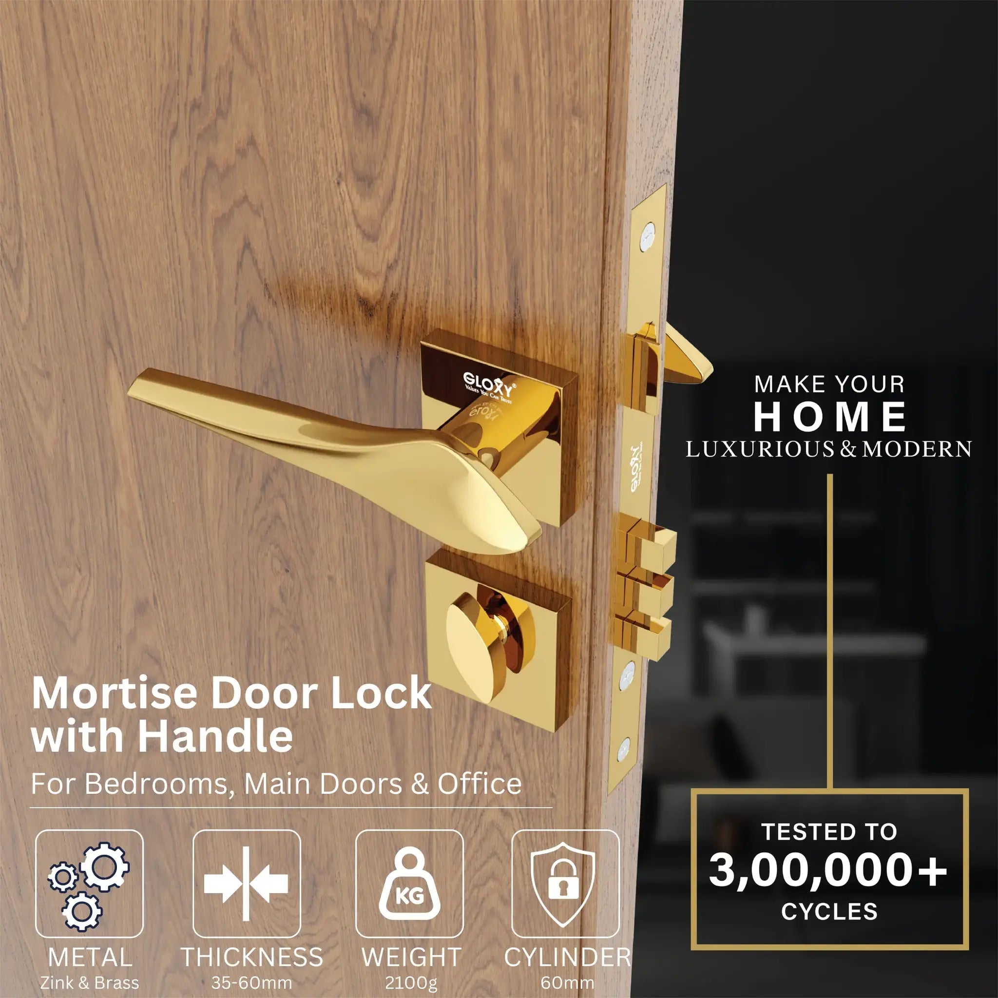 Mortise Door Lock, High-Security Door Lock for Main Door & Bedroom, Durable Handle Set(Gold)-by GLOXY®