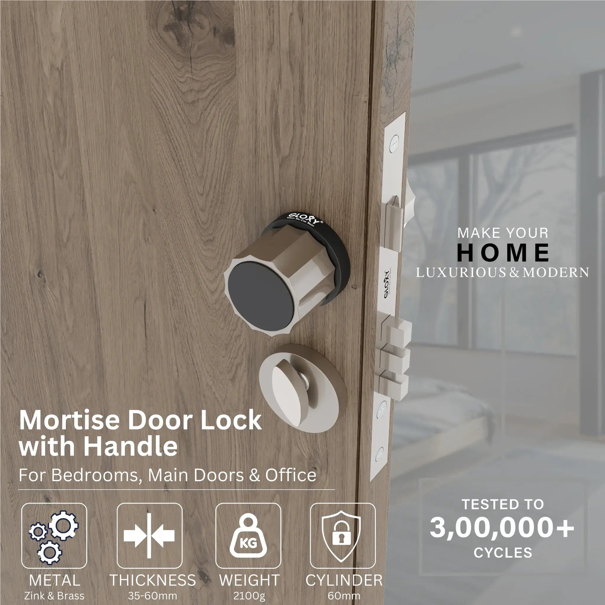 Mortise Door Handles Main Door Lock Handles Set with 3 Keys for Safety of Home | Bedroom, Office, Hotel, Home(Satin Chrome)-by GLOXY®