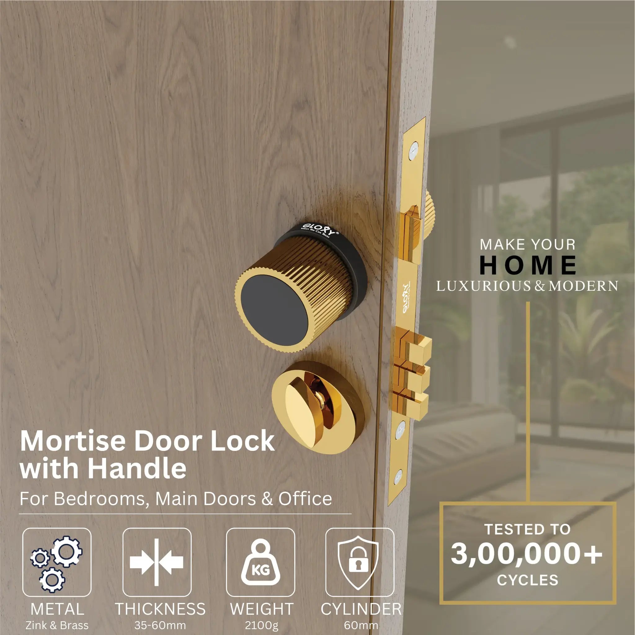 Mortise Door Handles Main Door Lock Handles Set with 3 Keys for Safety of Home | Bedroom, Office, Hotel, Home(Gold)-by GLOXY®