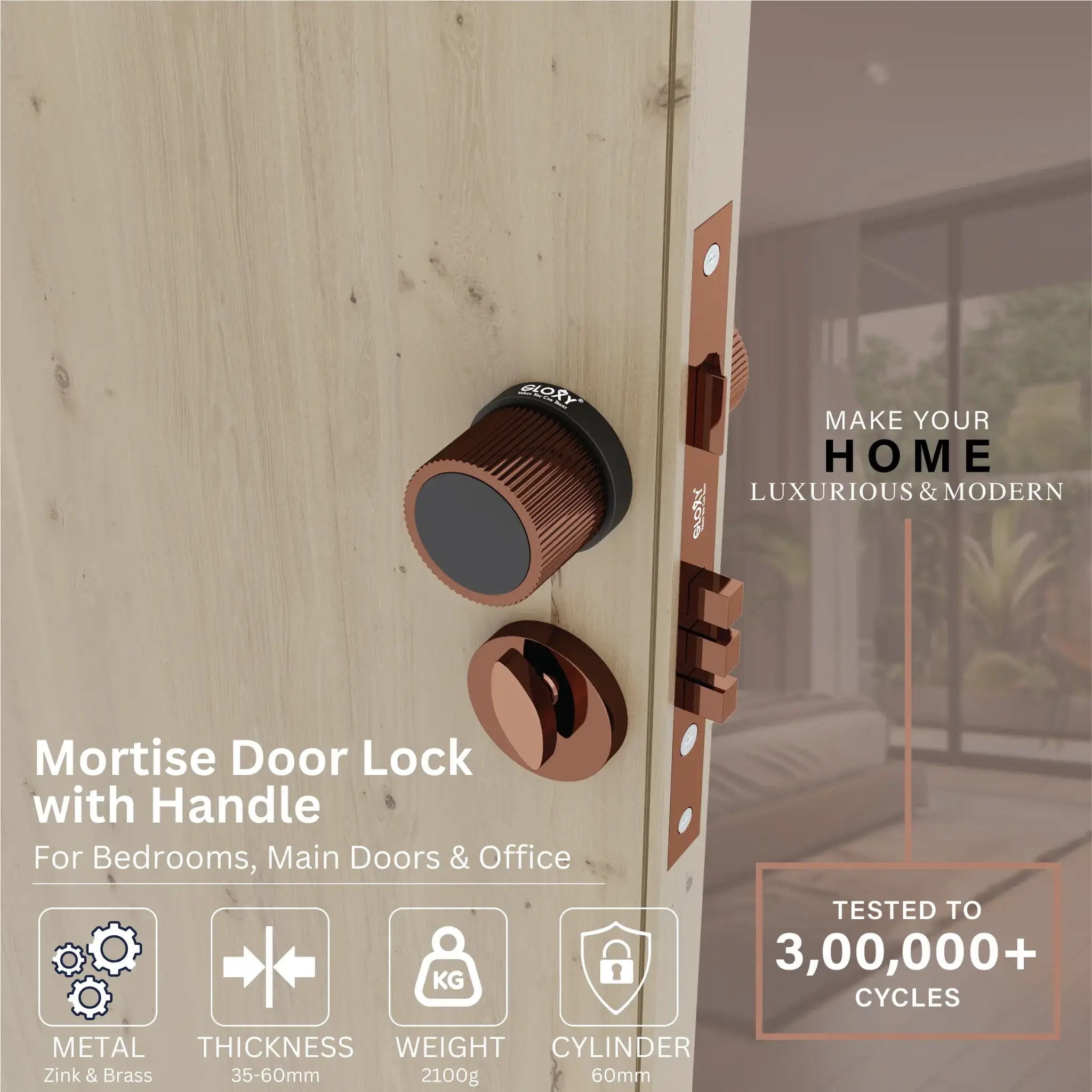 Mortise Door Handles Main Door Lock Handles Set with 3 Keys for Safety of Home | Bedroom, Office, Hotel, Home(Rose Gold)-by GLOXY®