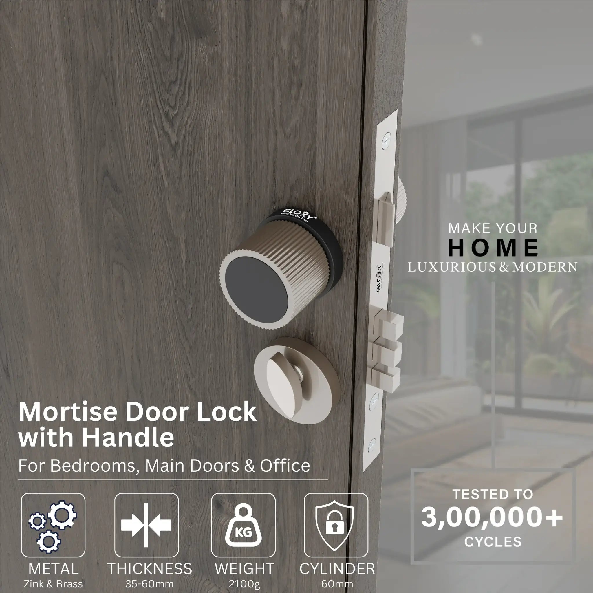 Mortise Door Handles Main Door Lock Handles Set with 3 Keys for Safety of Home | Bedroom, Office, Hotel, Home(Satin Chrome)-by GLOXY®