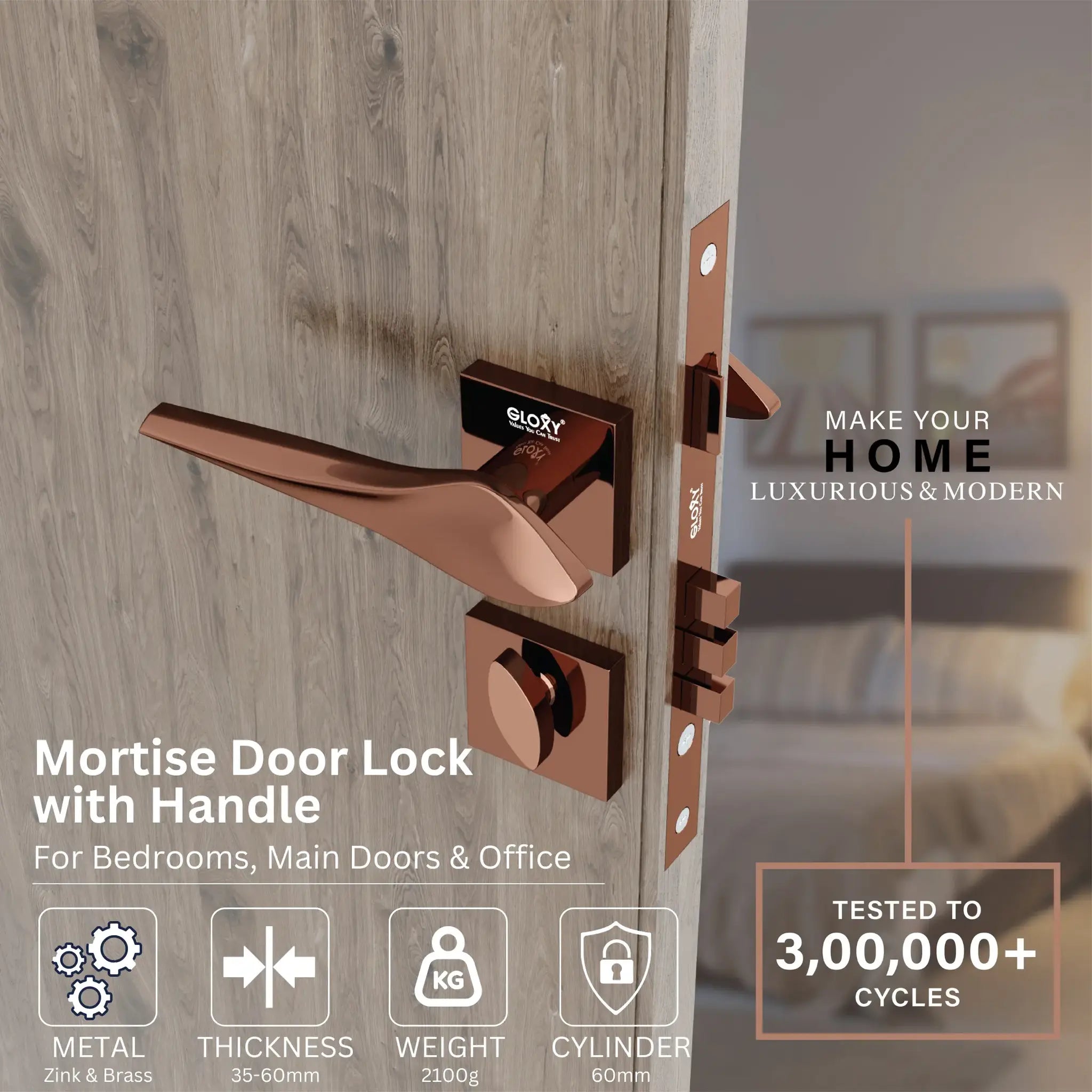Mortise Door Lock, High-Security Door Lock for Main Door & Bedroom, Durable Handle Set(Rose Gold)-by GLOXY®