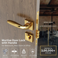 Mortise Door Lock, High-Security Door Lock for Main Door & Bedroom, Durable Handle Set(Gold)-by GLOXY®