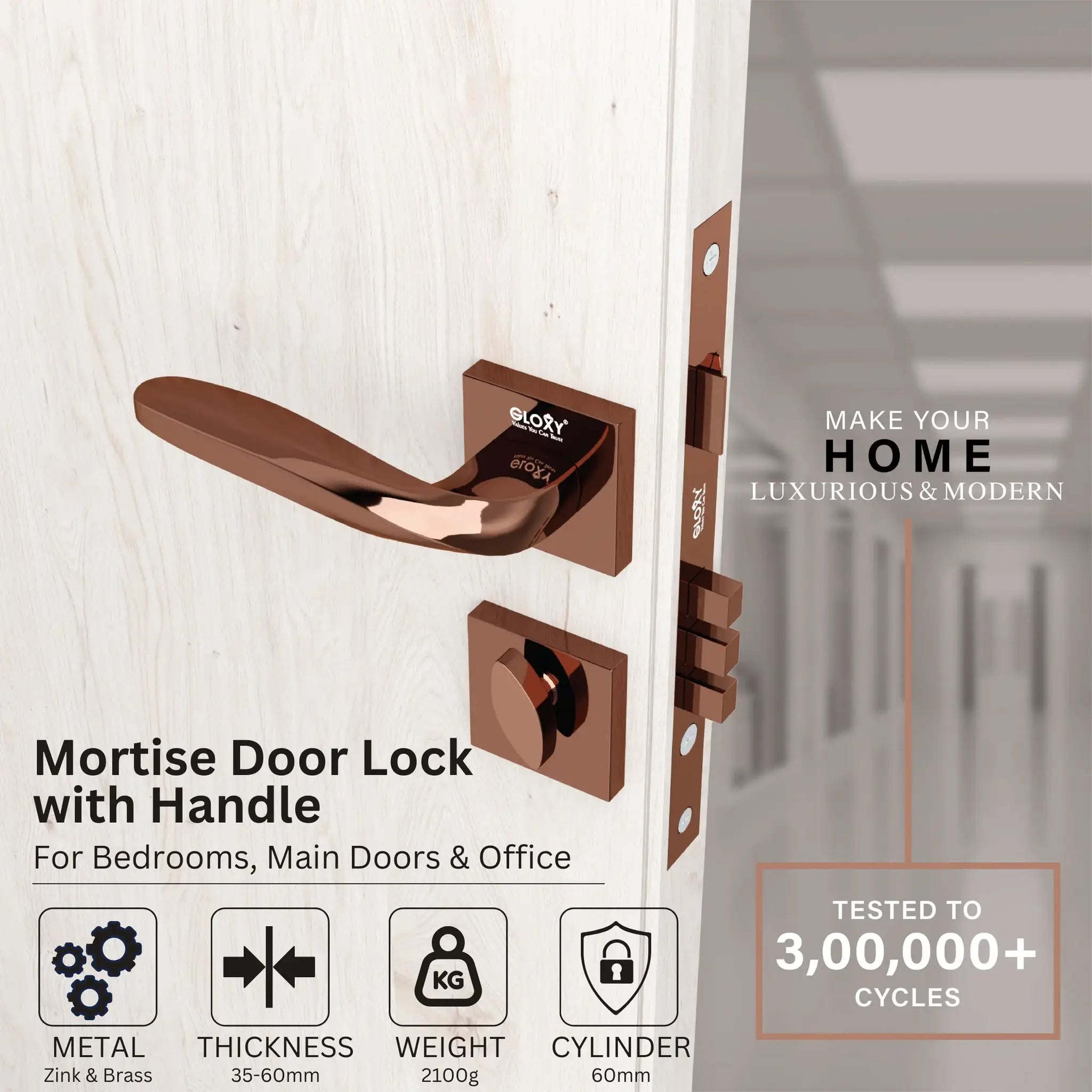 Mortise Door Lock, High-Security Door Lock for Main Door & Bedroom, Durable Handle Set(Rose Gold)-by GLOXY®