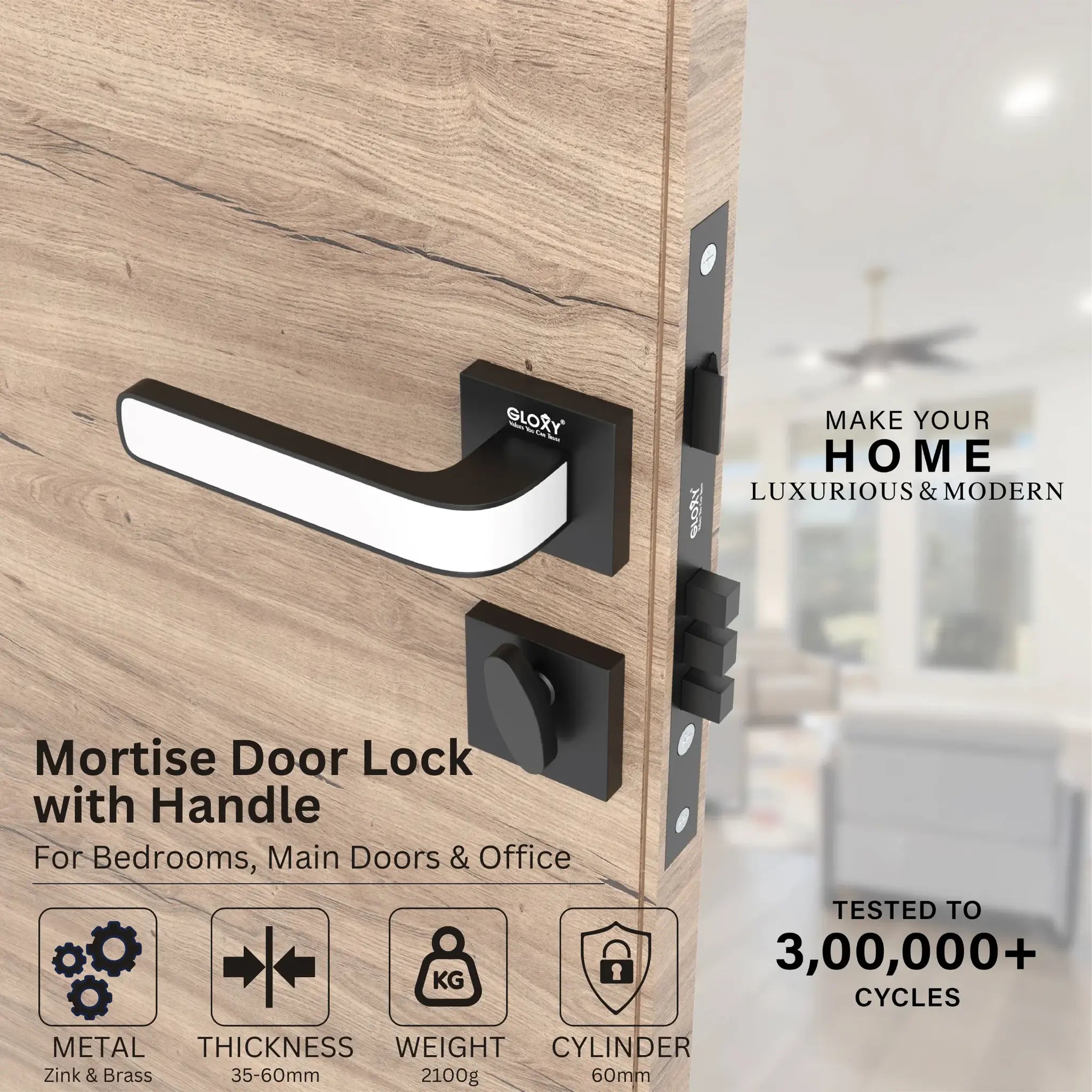 Superior Heavy Duty Mortise Door Locks for Main Door Lock Handles Set Home, Office, Hotel, Bedroom(Black)-by GLOXY®