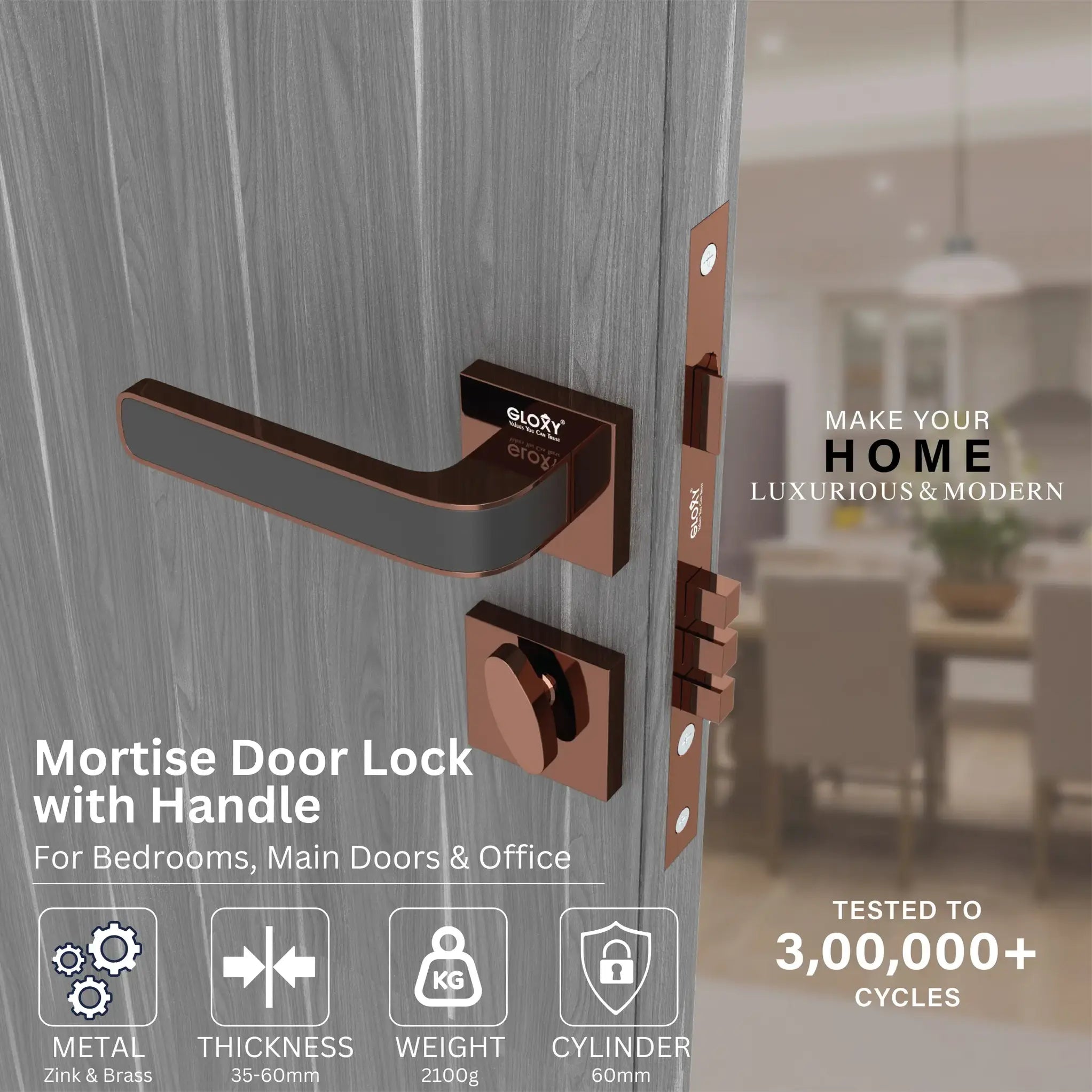 Superior Heavy Duty Mortise Door Locks for Main Door Lock Handles Set Home, Office, Hotel, Bedroom(Rose Gold)-by GLOXY®