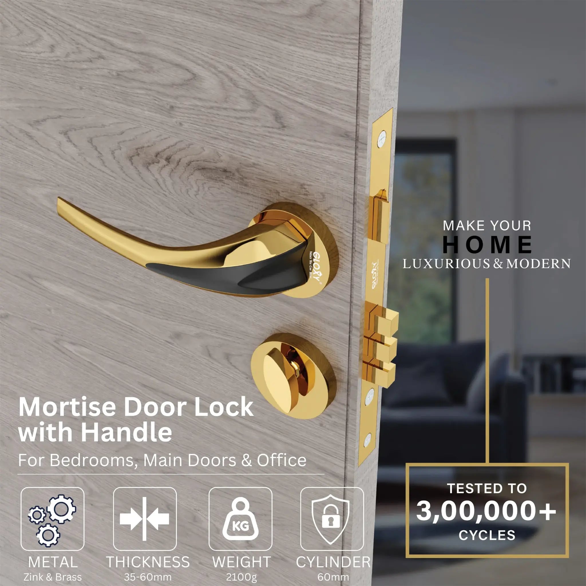 Heavy Duty Mortise Door Locks for Main Door Lock Handles Set Balcony and Storeroom, Bathroom(Gold)-by GLOXY®