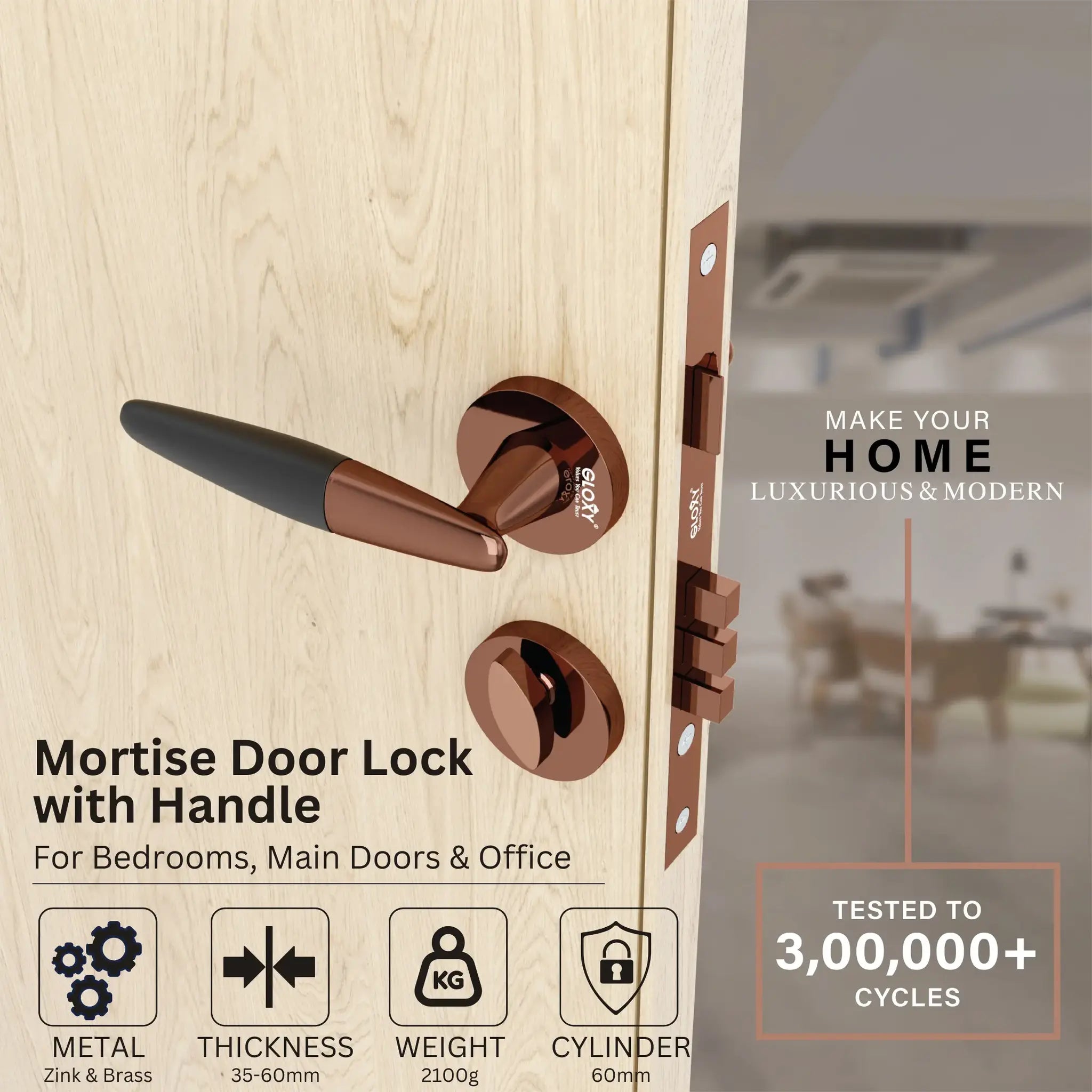 Exclusive Mortise Door Locks for Main Door Lock Handles Set for Home, Bedroom, Hotel, and Office(Rose Gold)-by GLOXY®