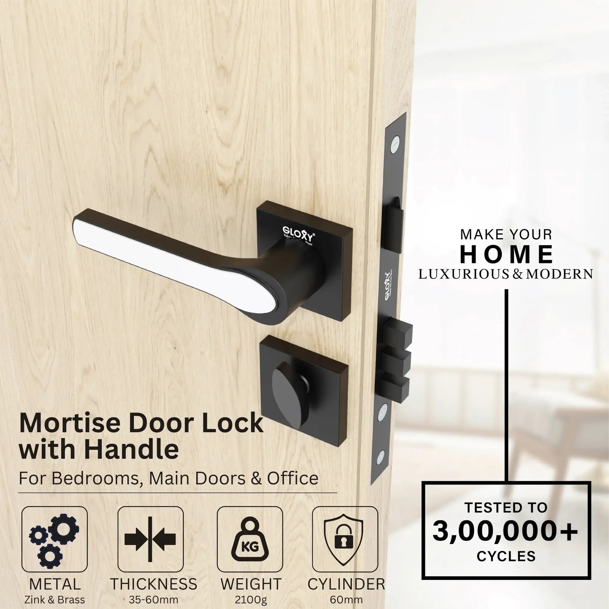 Mortise Door Handles | Main Door Lock Handles Set with 3 Keys for Safety of Home | Kitchen, Bedroom, Bathroom(Black)-by GLOXY®