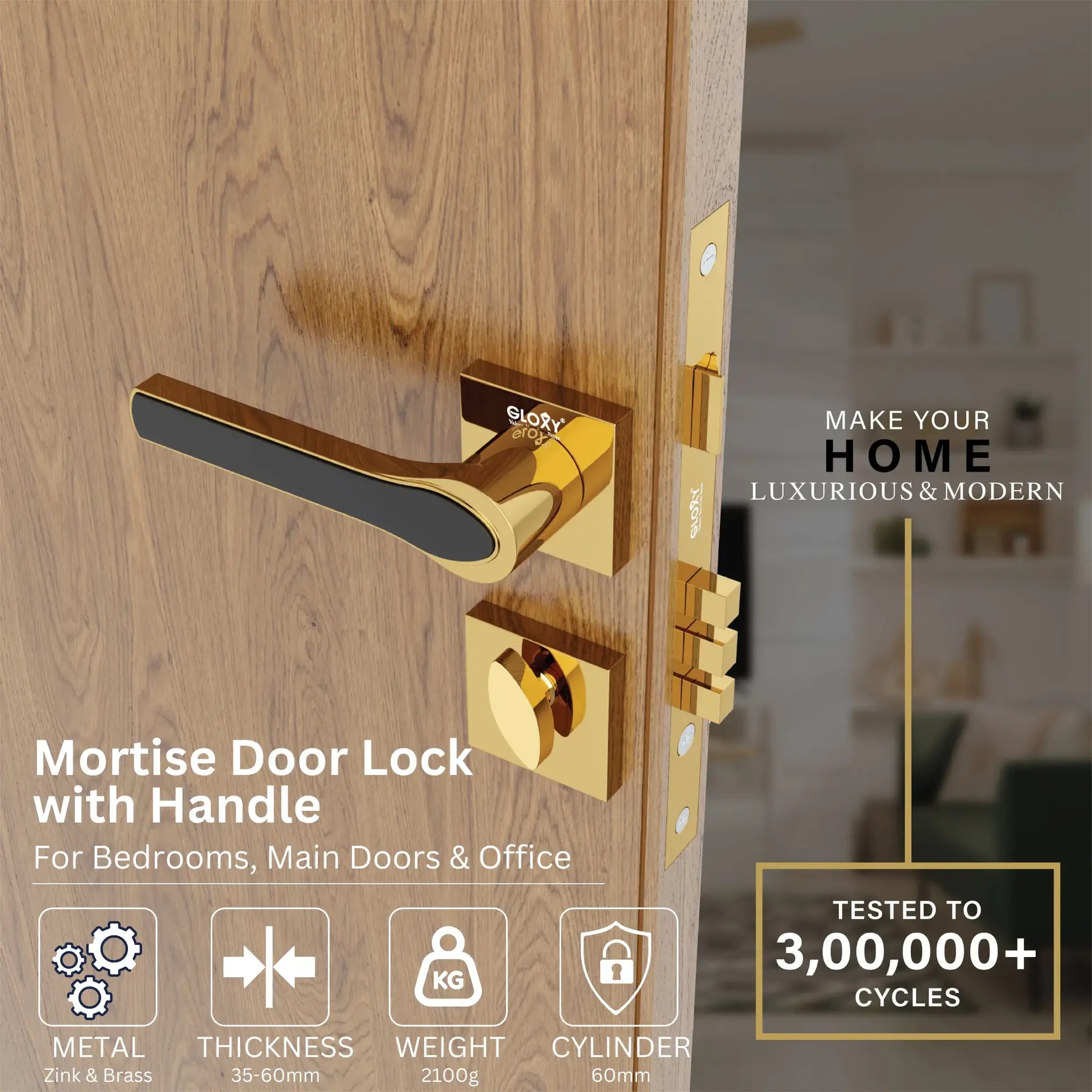Mortise Door Handles | Main Door Lock Handles Set with 3 Keys for Safety of Home | Kitchen, Bedroom, Bathroom(Gold)-by GLOXY®