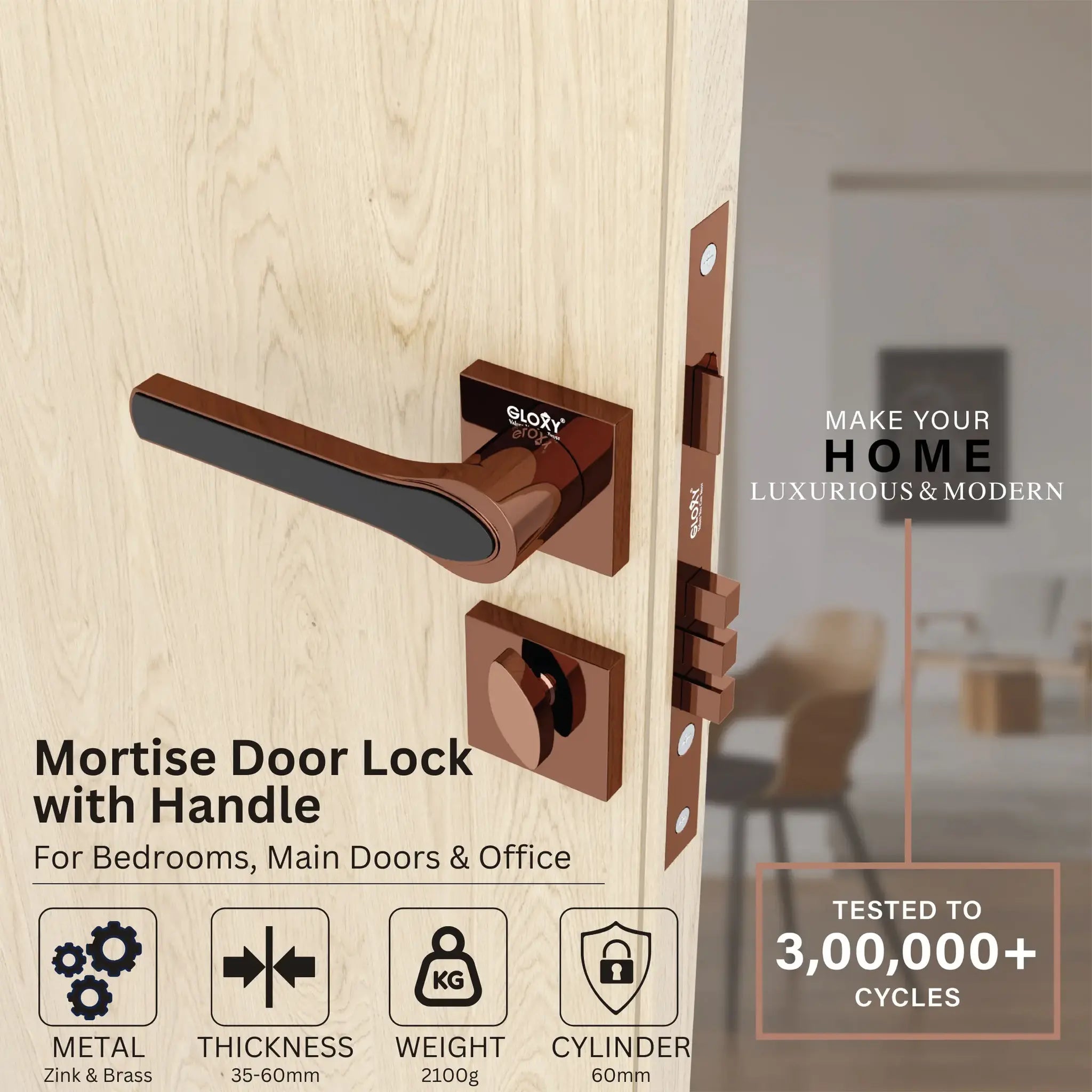 Gloxy Safro Series Rose Gold Finish Mortise Main Door Key Lock With Handle