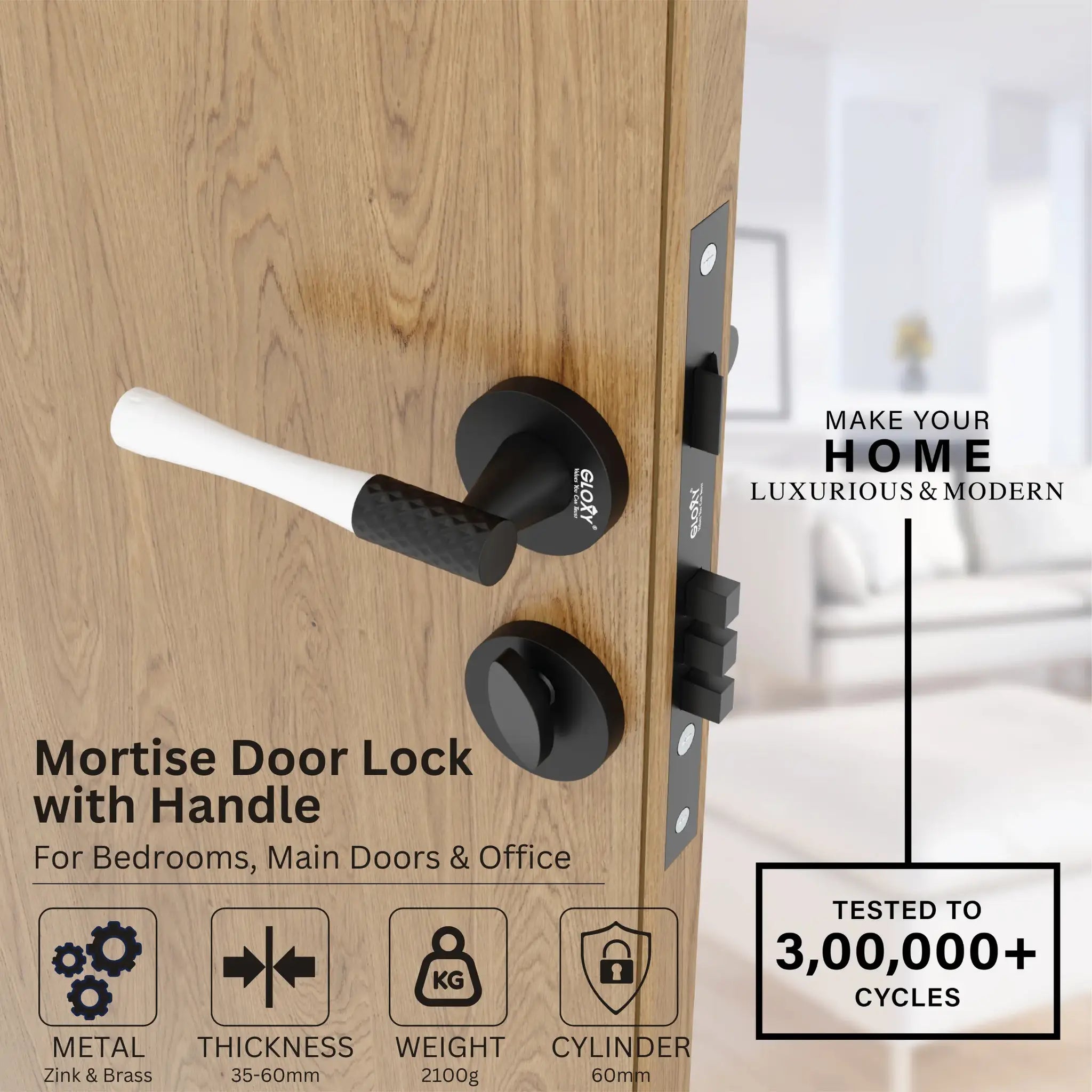 Mortise Door Handles Main Door Lock Handles Set with 3 Keys for Safety of Home | Bedroom, Office, Hotel, Home(Black)-by GLOXY®