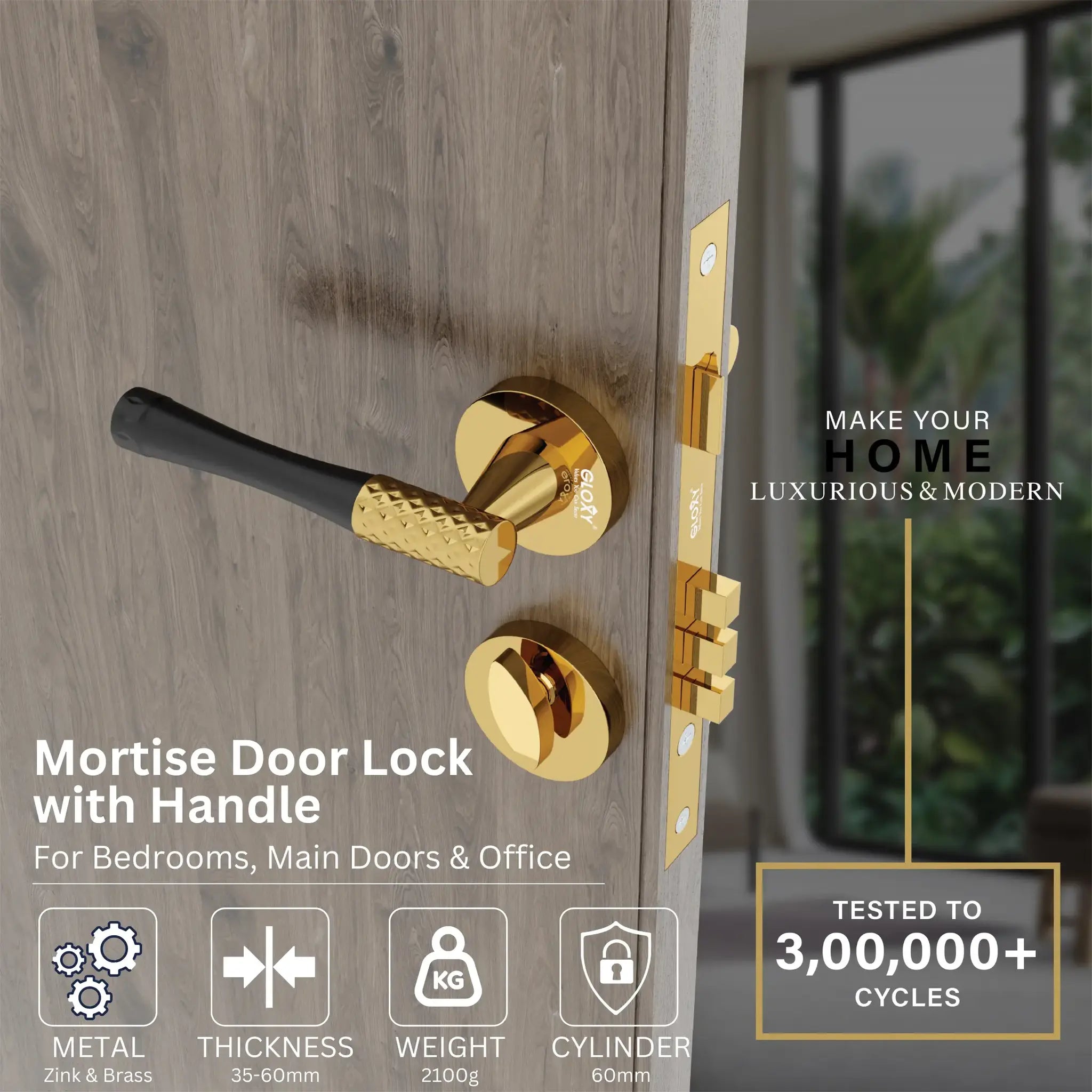 Mortise Door Handles Main Door Lock Handles Set with 3 Keys for Safety of Home | Bedroom, Office, Hotel, Home(Gold)-by GLOXY®