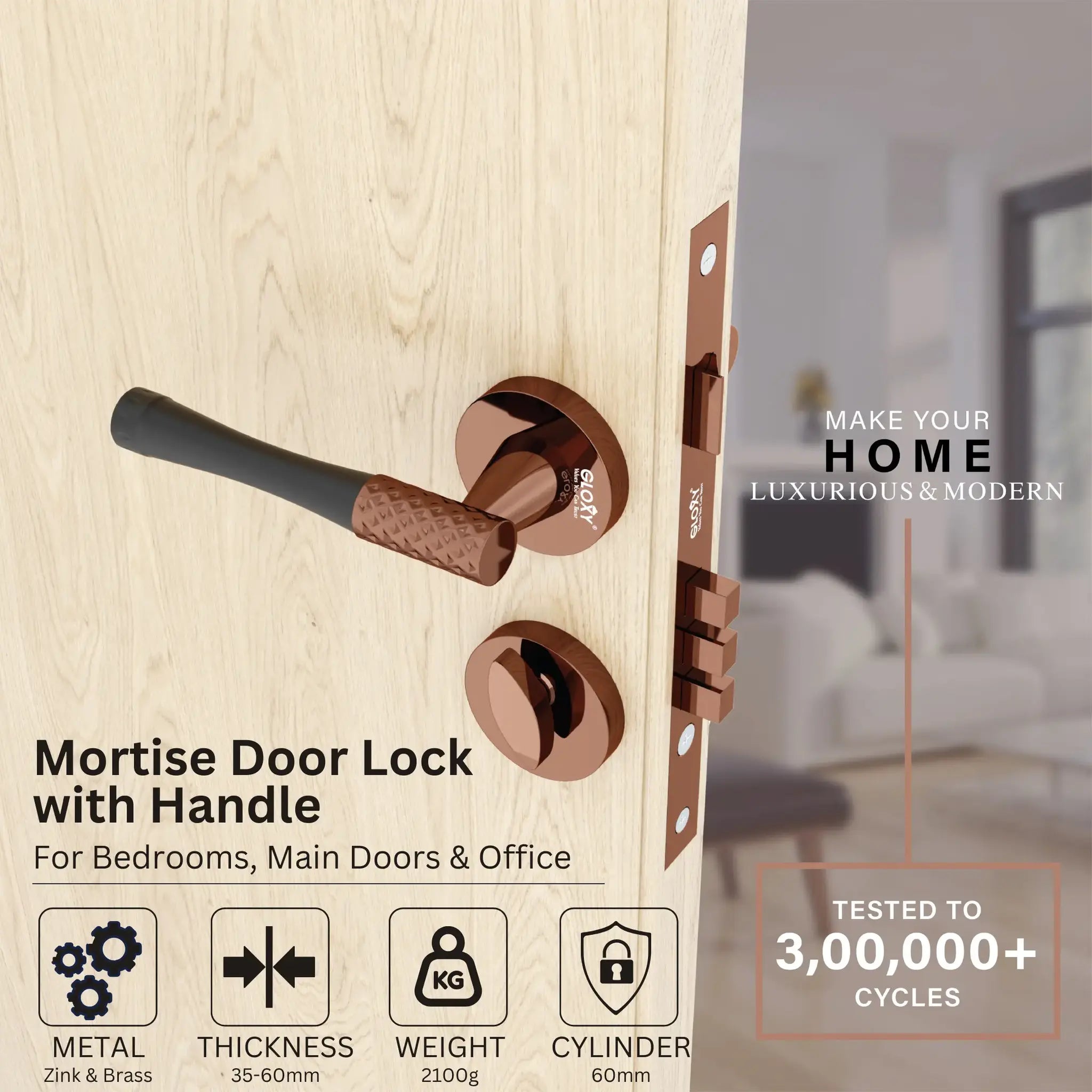 Mortise Door Handles Main Door Lock Handles Set with 3 Keys for Safety of Home | Bedroom, Office, Hotel, Home(Rose Gold)-by GLOXY®