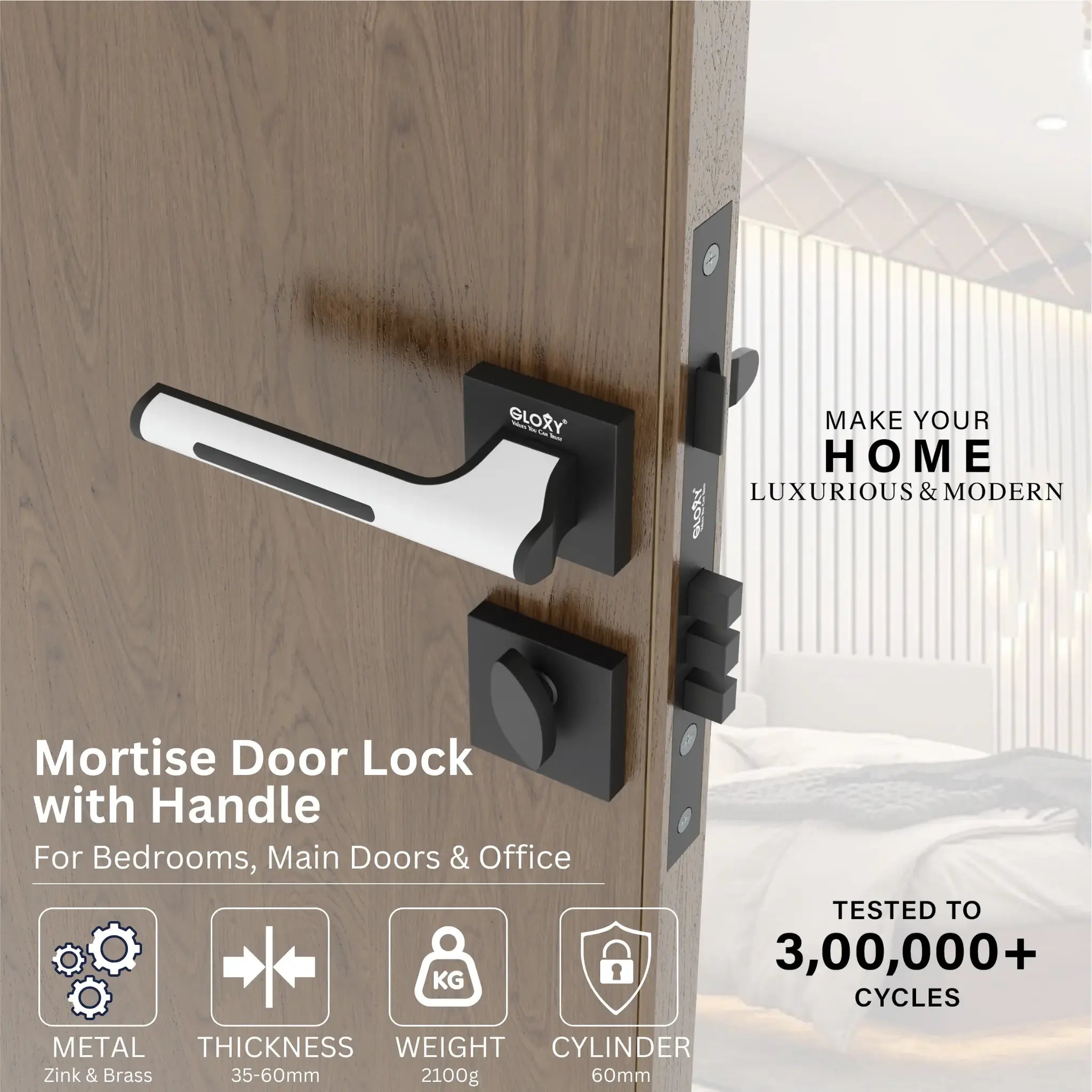Mortise Door Handles Main Door Lock Handles Set with 3 Keys for Safety of Home | Bedroom, Office, Hotel, Home(Black)-by GLOXY®